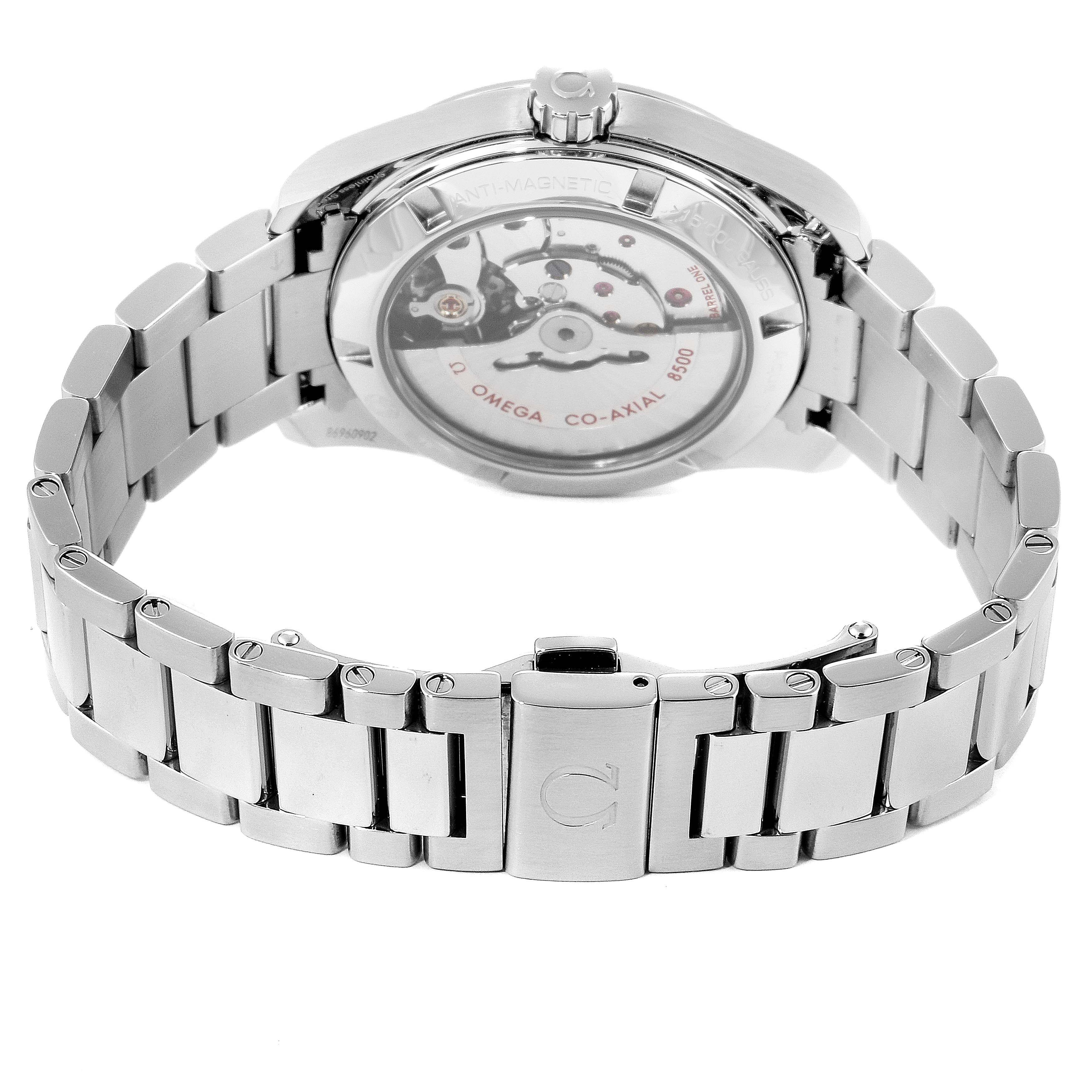 The image shows the back view of an Omega Aqua Terra 231.10.39.21.01.002 Men's Stainless Steel Black Dial 231.10.39.21.01.002 Men's Stainless Steel Black Dial watch, highlighting the movement and stainless steel bracelet.