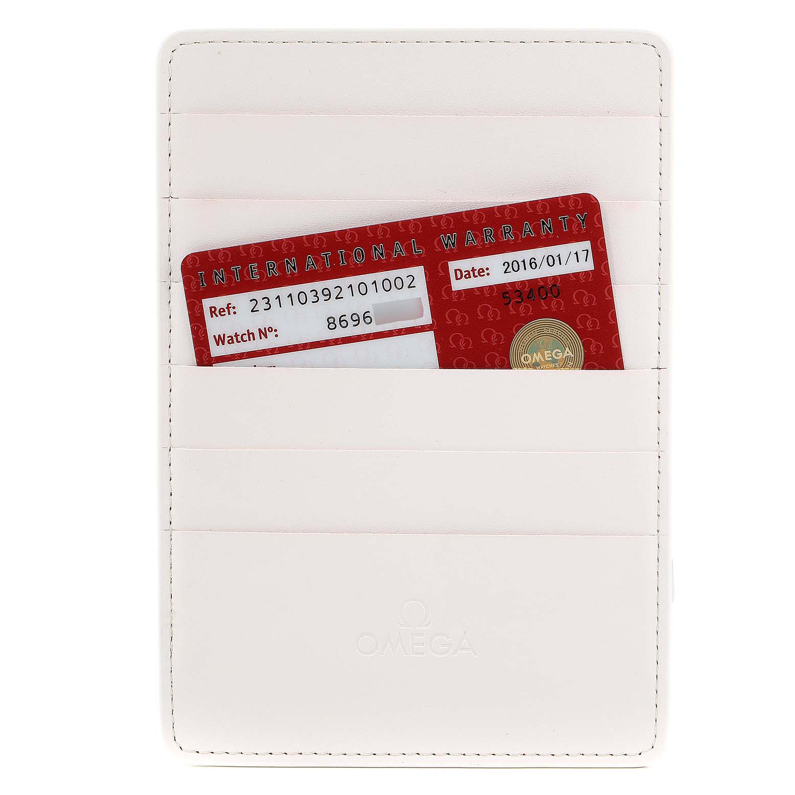 This image shows the international warranty card and cardholder for the Omega Aqua Terra 231.10.39.21.01.002 Men's Stainless Steel Black Dial 231.10.39.21.01.002 Men's Stainless Steel Black Dial model, viewed from the front.