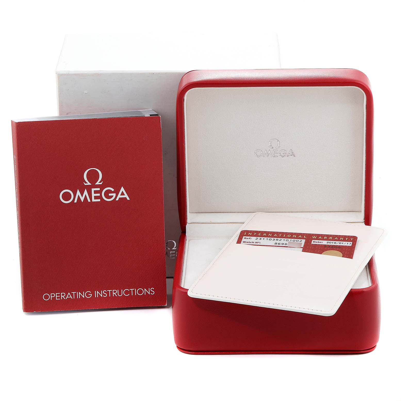 The image shows the Omega Aqua Terra 231.10.39.21.01.002 Men's Stainless Steel Black Dial 231.10.39.21.01.002 Men's Stainless Steel Black Dial watch's accessories, including a red box, operating instructions booklet, and international warranty card.