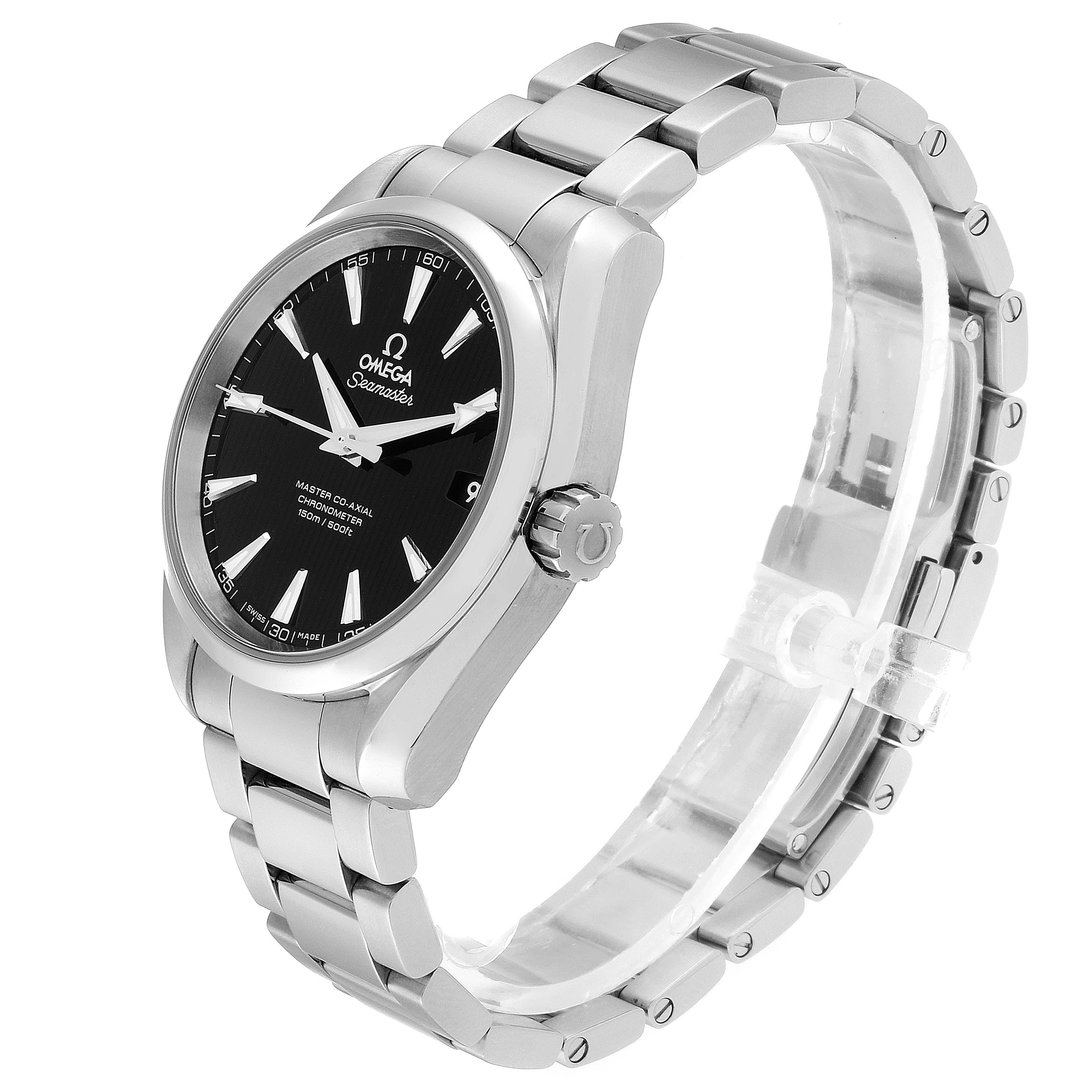 The Omega Aqua Terra 231.10.39.21.01.002 Men's Stainless Steel Black Dial 231.10.39.21.01.002 Men's Stainless Steel Black Dial watch is shown at a 3/4 angle, highlighting its face, crown, and stainless steel bracelet.