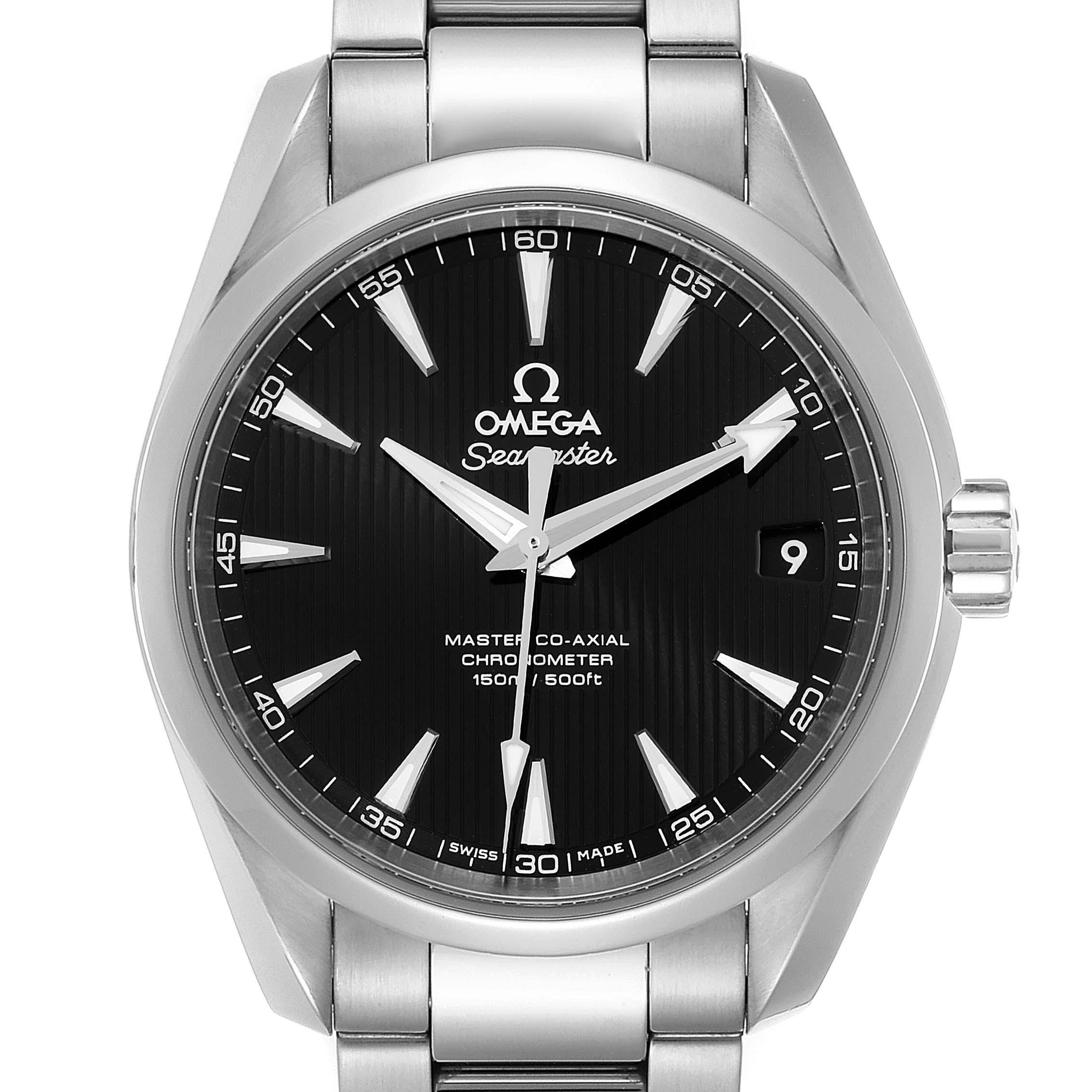 The image shows a front view of the Omega Aqua Terra 231.10.39.21.01.002 Men's Stainless Steel Black Dial 231.10.39.21.01.002 Men's Stainless Steel Black Dial watch, displaying its face, bezel, and part of the metal bracelet.