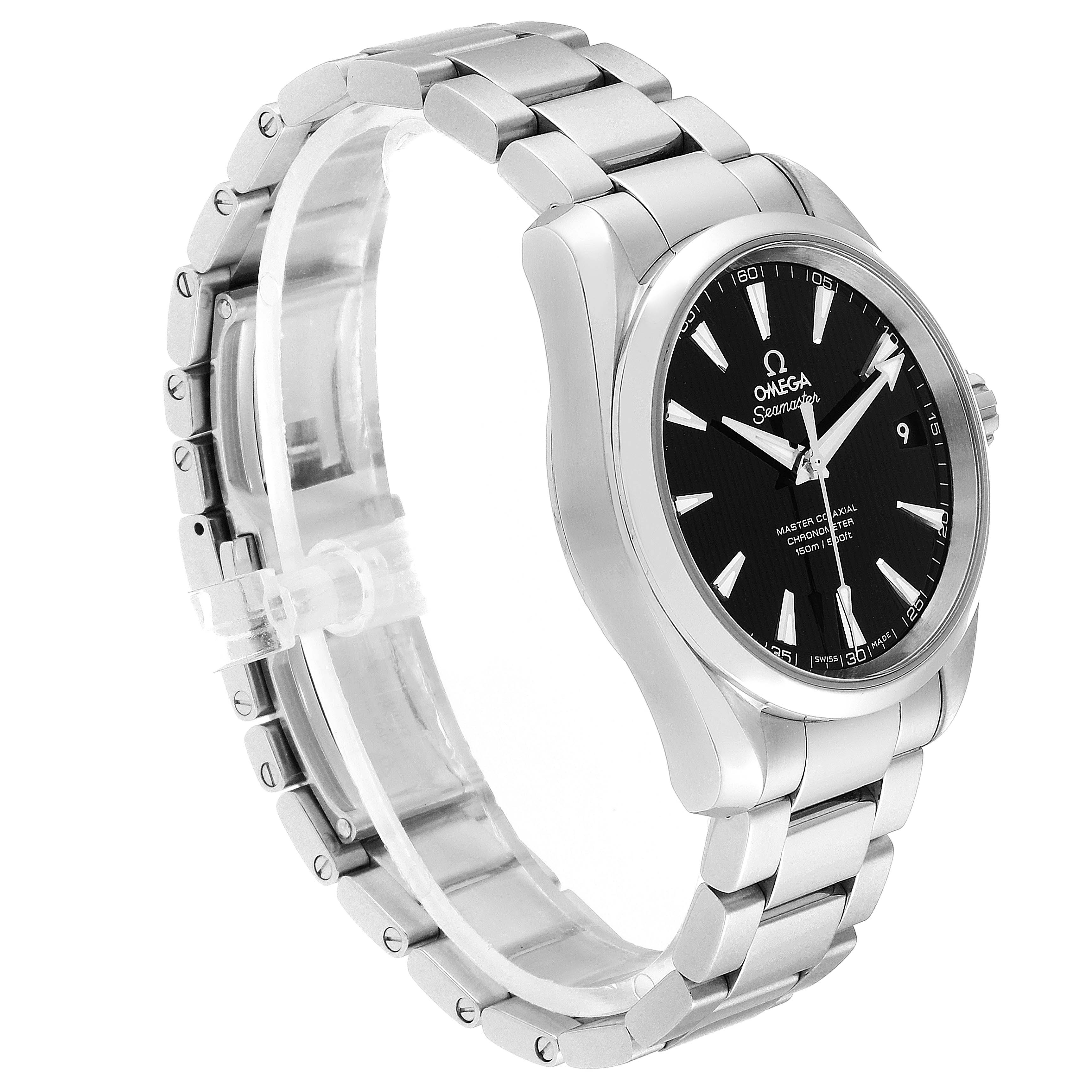 The image shows an Omega Aqua Terra 231.10.39.21.01.002 Men's Stainless Steel Black Dial 231.10.39.21.01.002 Men's Stainless Steel Black Dial watch at a three-quarter angle, highlighting its face, case, and metal bracelet.