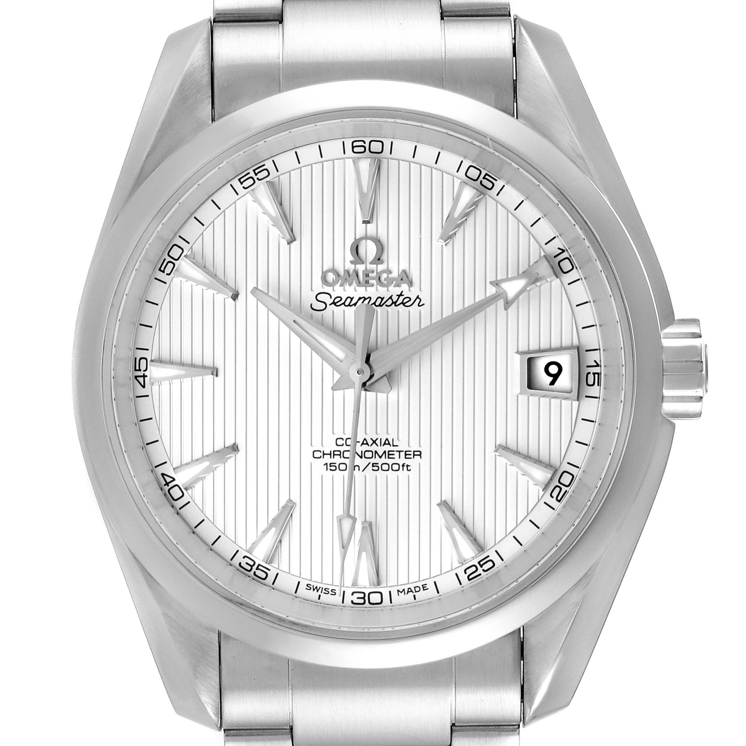 The image shows a front view of the Omega Aqua Terra 231.10.39.21.02.001 Men's Stainless Steel Silver Dial 231.10.39.21.02.001 Men's Stainless Steel Silver Dial watch face, including the dial, bezel, and portion of the bracelet.
