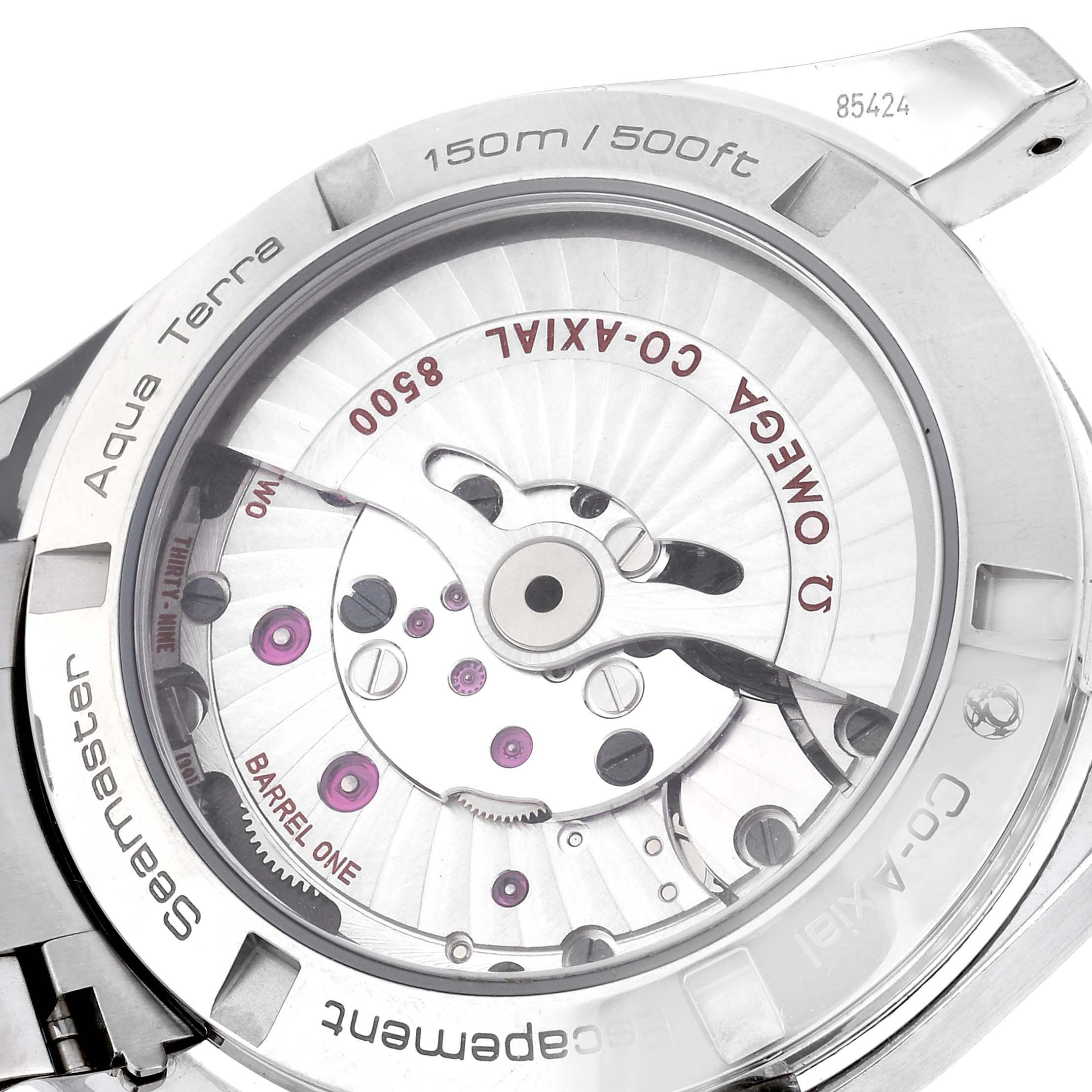 The image shows the back of an Omega Aqua Terra 231.10.39.21.02.001 Men's Stainless Steel Silver Dial 231.10.39.21.02.001 Men's Stainless Steel Silver Dial watch, highlighting its intricate mechanical movement.