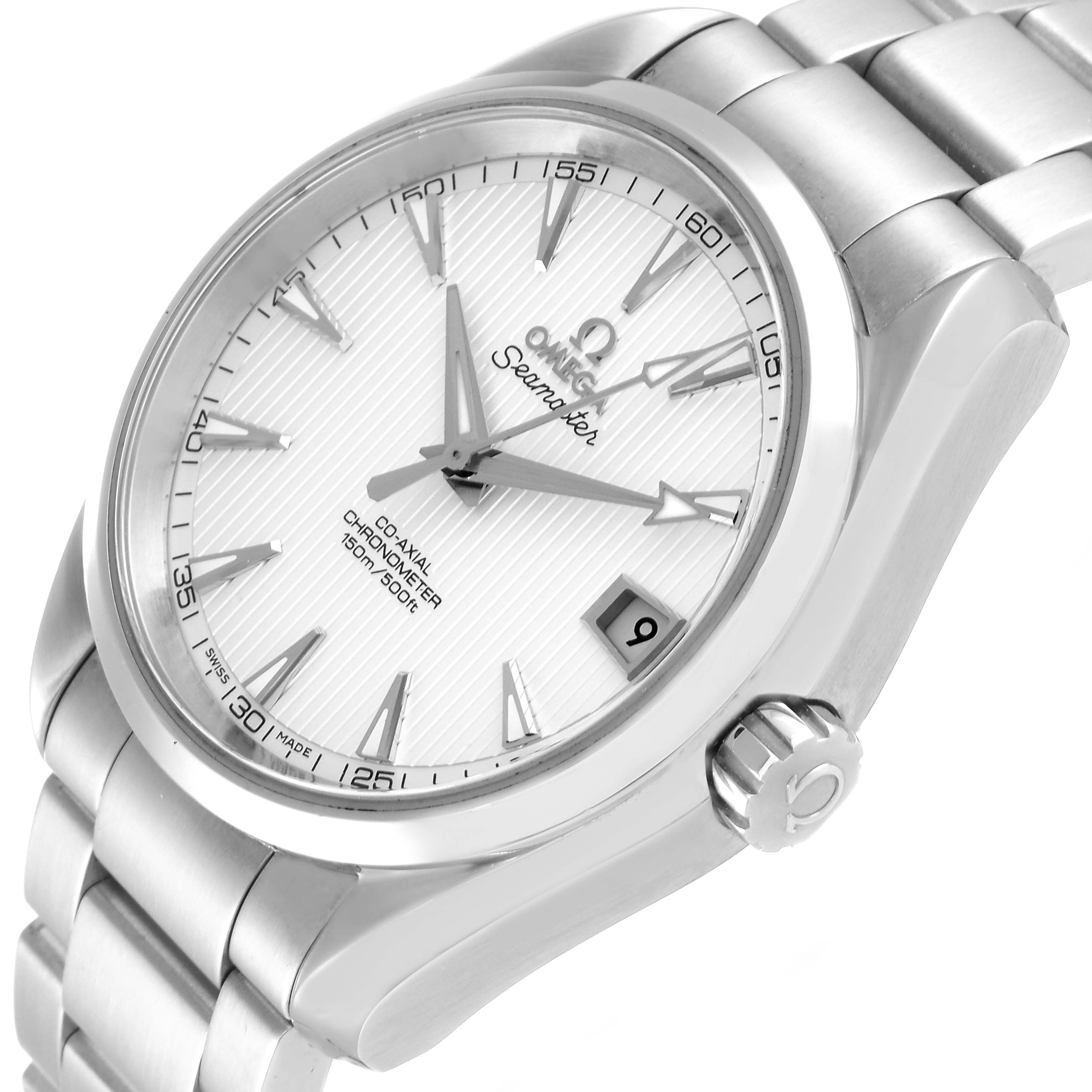 The Omega Seamaster Aqua Terra watch is shown at a slight angle displaying the face, bezel, crown, and part of the bracelet.