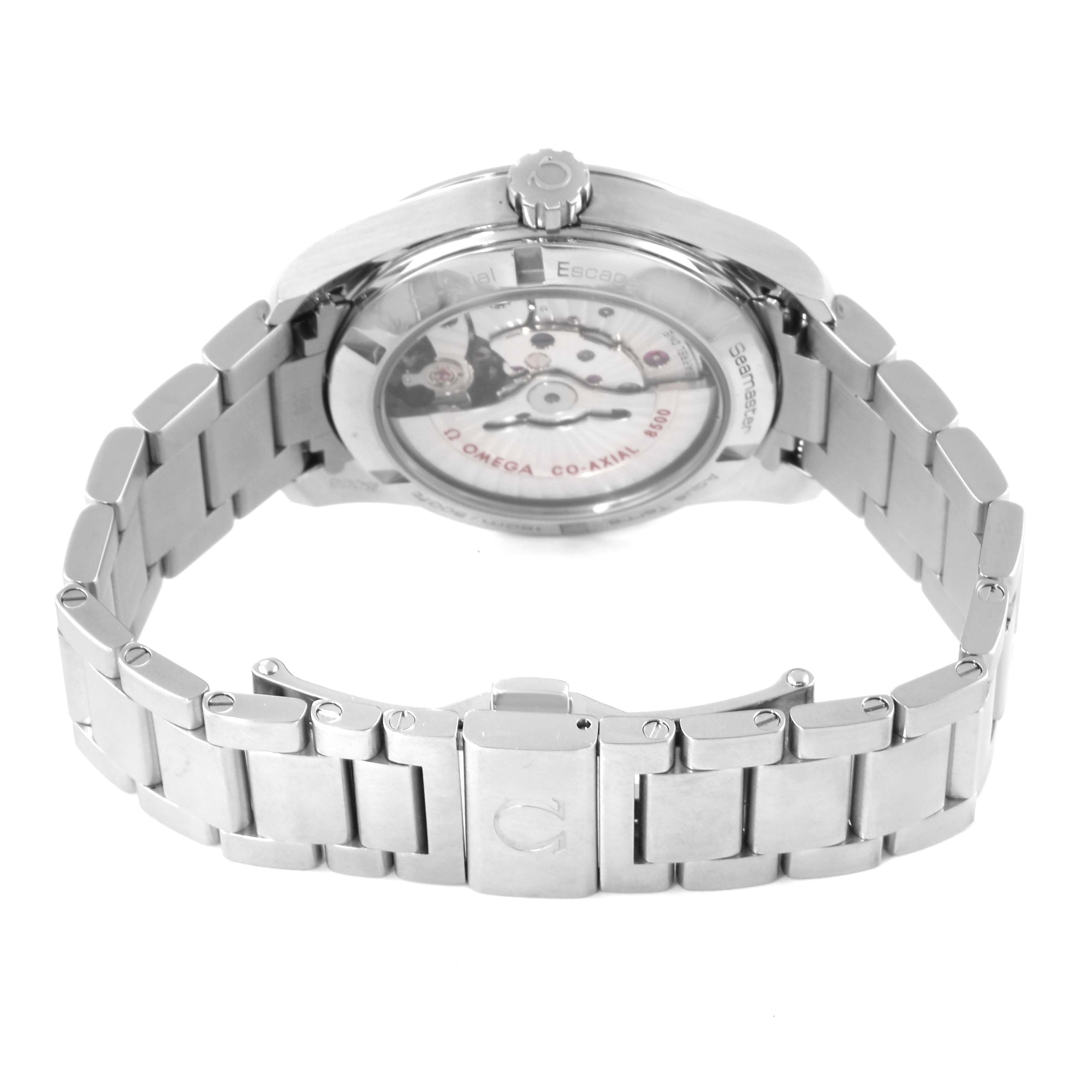 The image shows the back view of the Omega Aqua Terra 231.10.39.21.02.001 Men's Stainless Steel Silver Dial 231.10.39.21.02.001 Men's Stainless Steel Silver Dial watch, highlighting the transparent case back and metal bracelet.