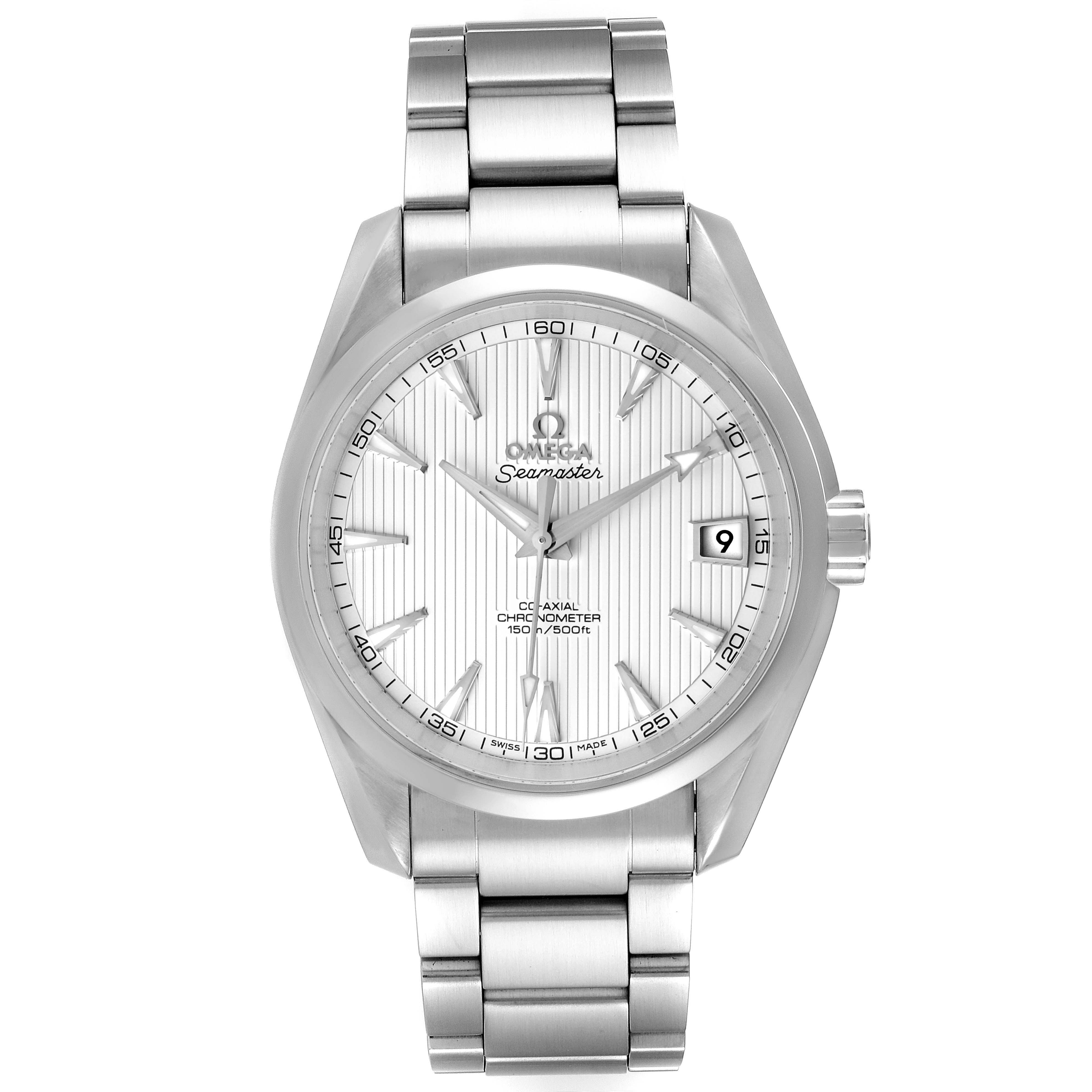 The image shows a front view of the Omega Aqua Terra 231.10.39.21.02.001 Men's Stainless Steel Silver Dial 231.10.39.21.02.001 Men's Stainless Steel Silver Dial watch, highlighting the dial, bezel, bracelet, and crown.