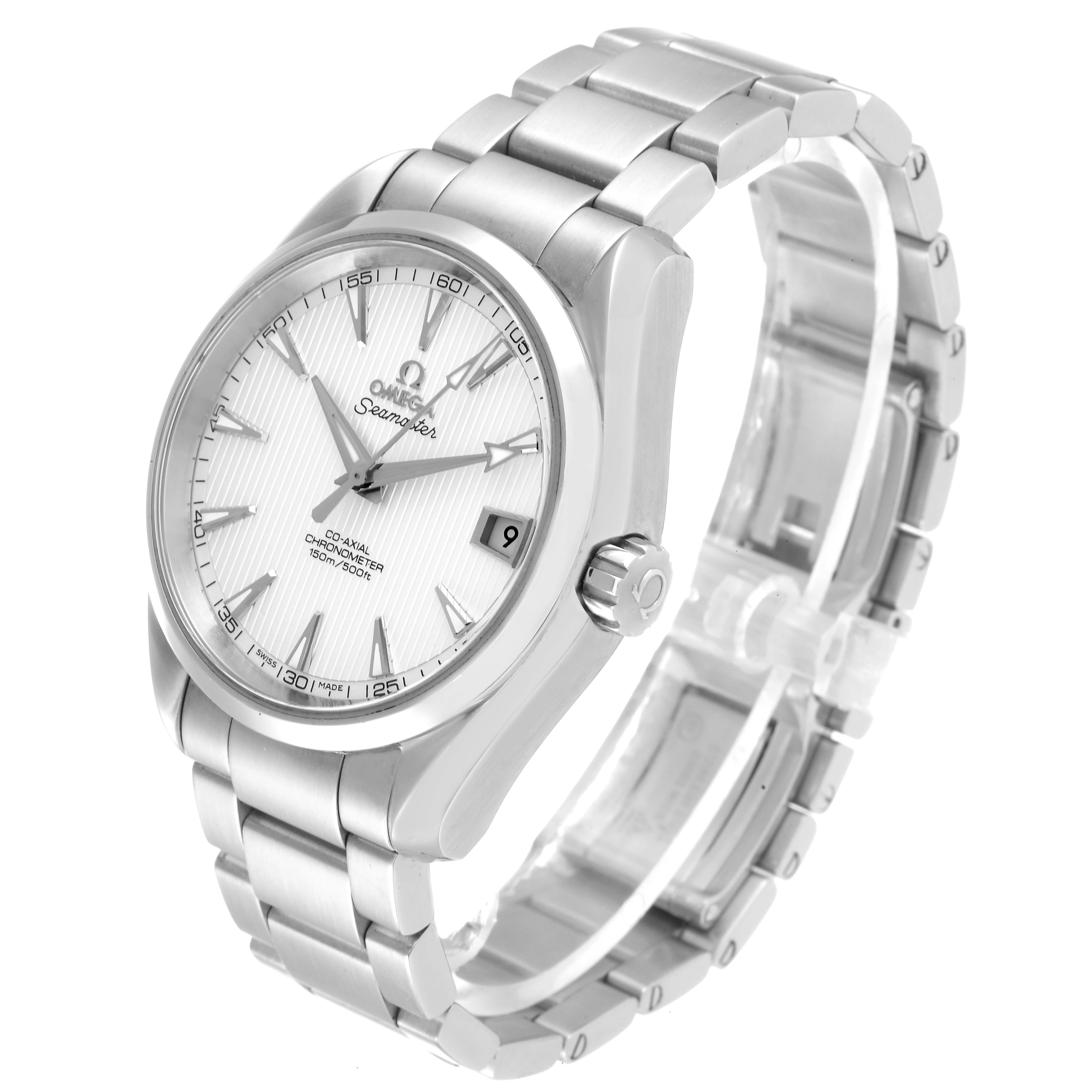 The image shows an Omega Aqua Terra 231.10.39.21.02.001 Men's Stainless Steel Silver Dial 231.10.39.21.02.001 Men's Stainless Steel Silver Dial watch angled slightly from the front, highlighting its face, case, crown, and stainless steel bracelet.