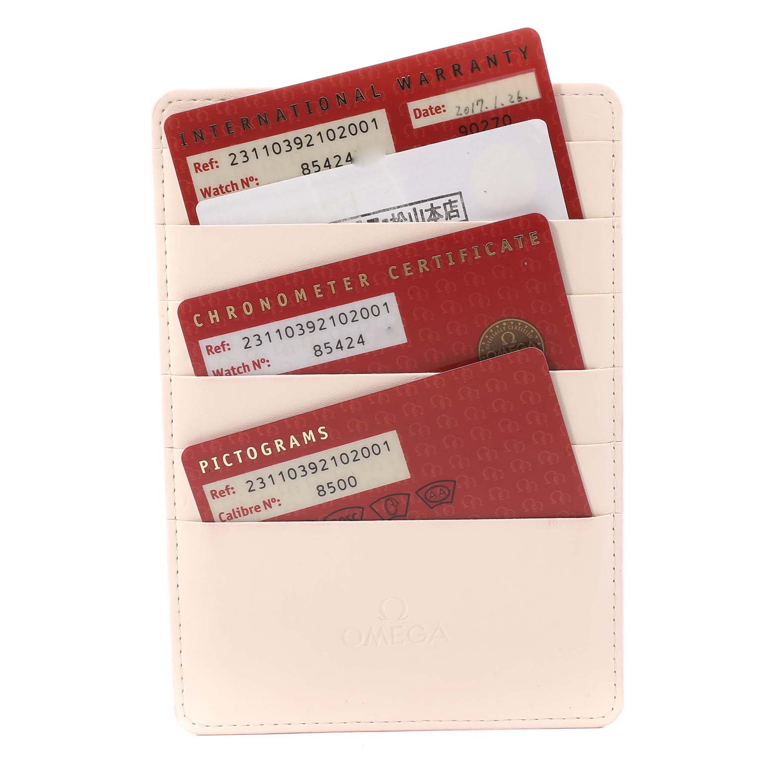 This image displays warranty and certification cards for the Omega Aqua Terra 231.10.39.21.02.001 Men's Stainless Steel Silver Dial 231.10.39.21.02.001 Men's Stainless Steel Silver Dial model, shown in a cream-colored cardholder.