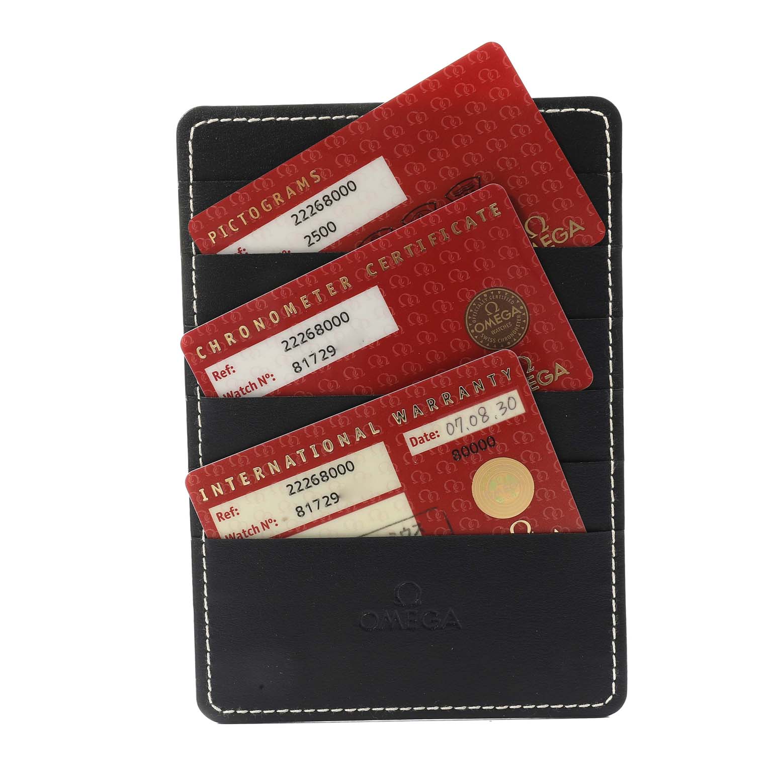 The image shows warranty and certification cards for an Omega Seamaster 2226.80.00 Men's Stainless Steel Blue Dial 2226.80.00 Men's Stainless Steel Blue Dial watch, placed in a black cardholder with white stitching.