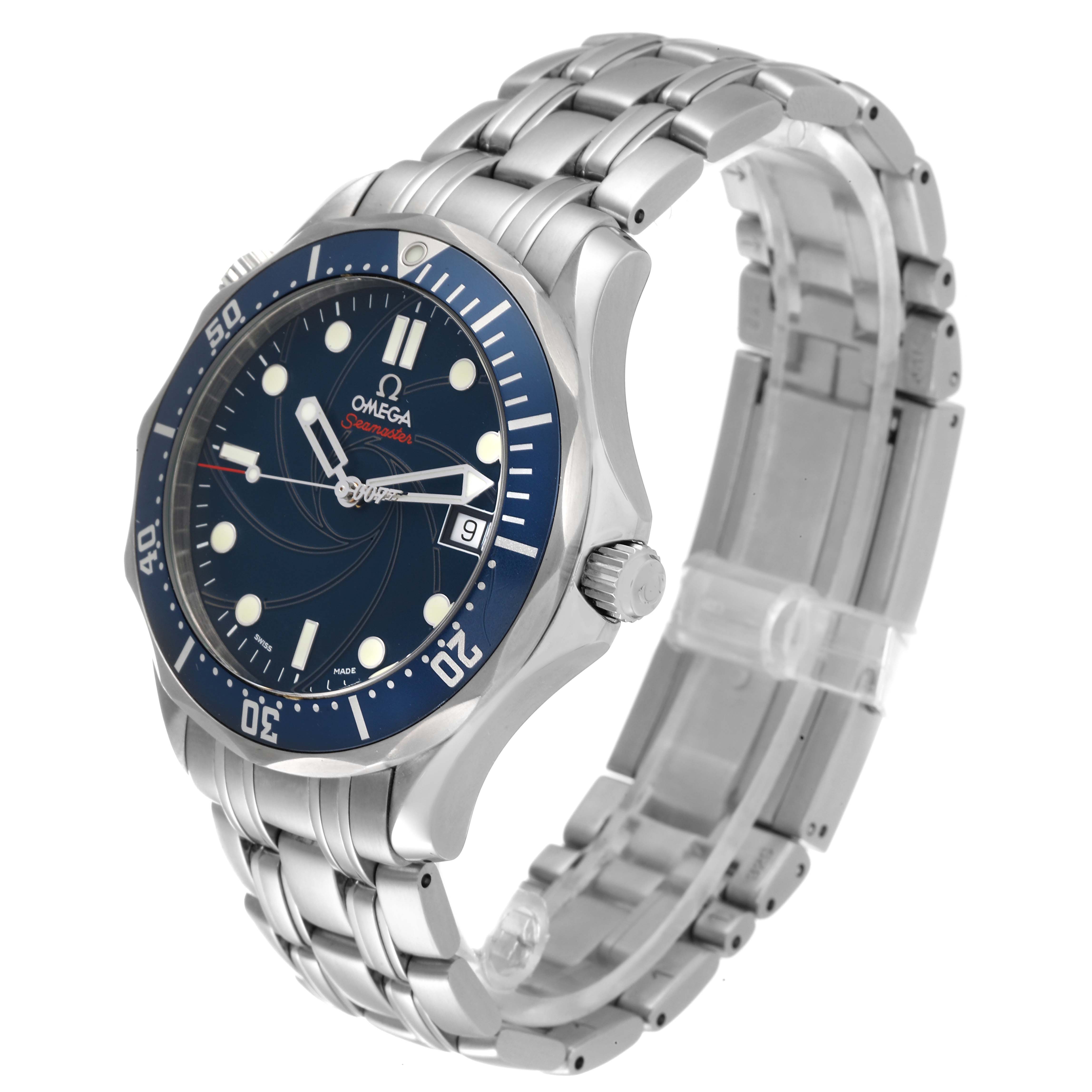 The image shows an angled view of an Omega Seamaster 2226.80.00 Men's Stainless Steel Blue Dial 2226.80.00 Men's Stainless Steel Blue Dial watch, highlighting its blue dial, bezel, stainless steel case, and bracelet.