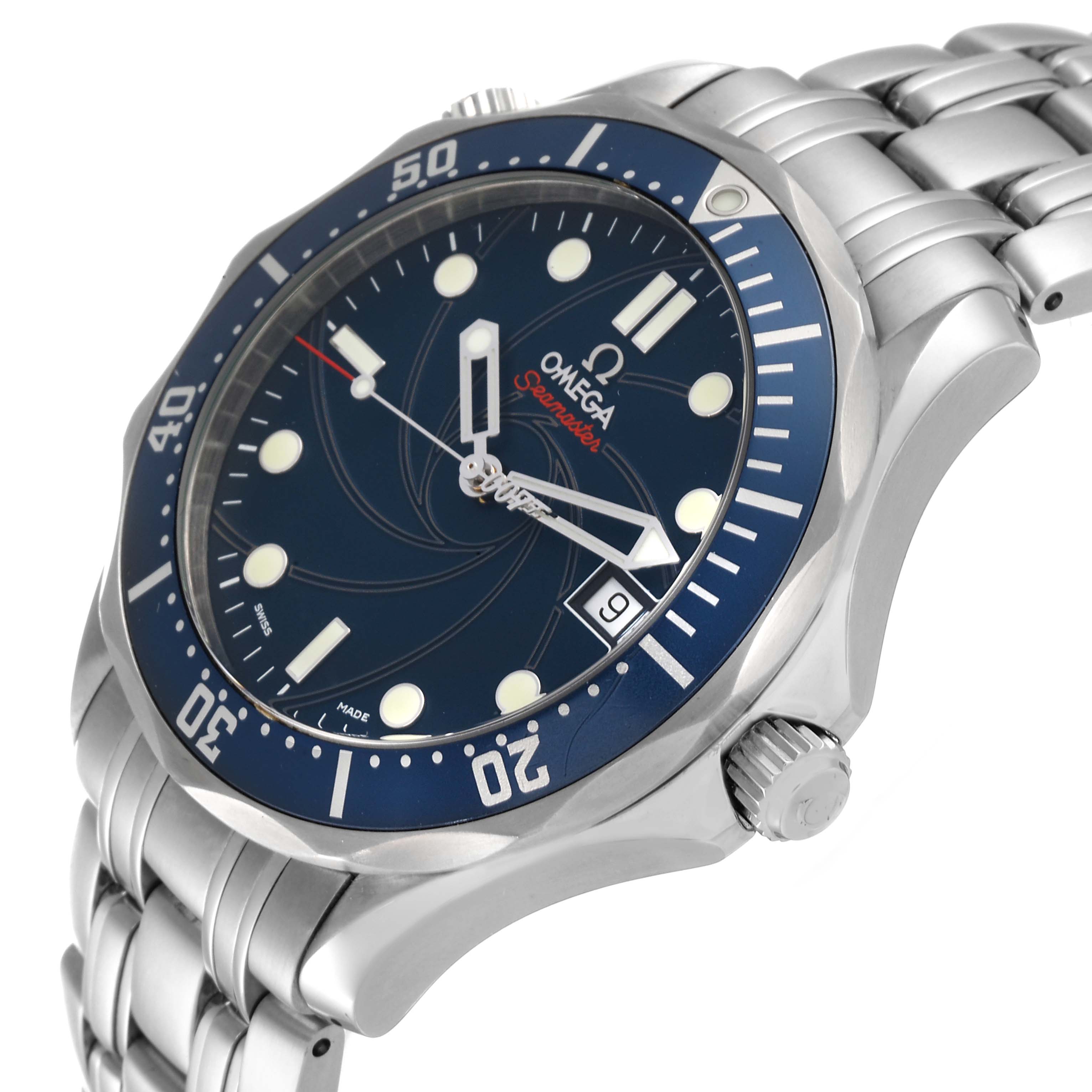 The image shows the Omega Seamaster 2226.80.00 Men's Stainless Steel Blue Dial 2226.80.00 Men's Stainless Steel Blue Dial watch at an angled view, highlighting the face, bezel, crown, and part of the bracelet.