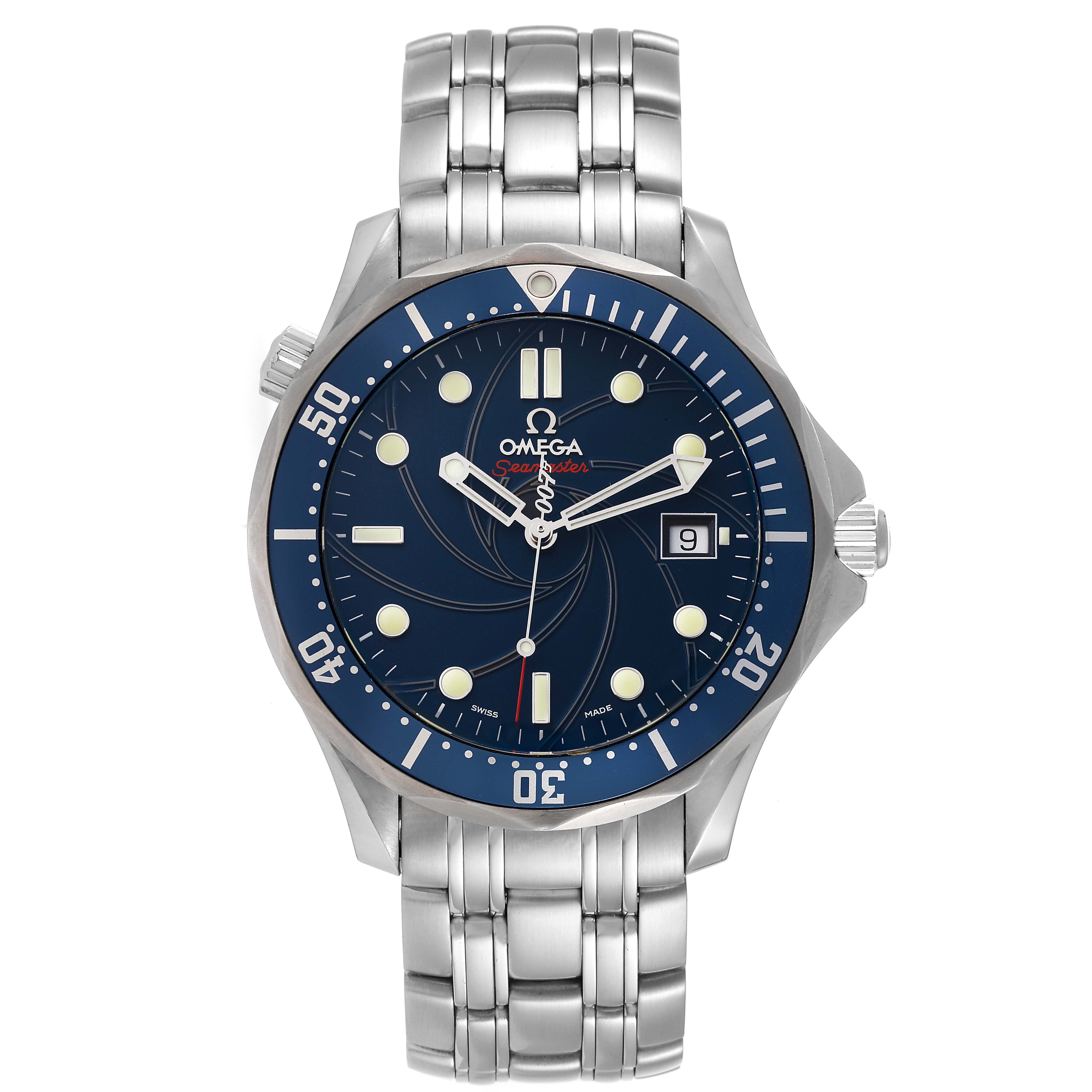 The image shows a front view of the Omega Seamaster 2226.80.00 Men's Stainless Steel Blue Dial 2226.80.00 Men's Stainless Steel Blue Dial watch with a stainless steel bracelet and a blue dial.