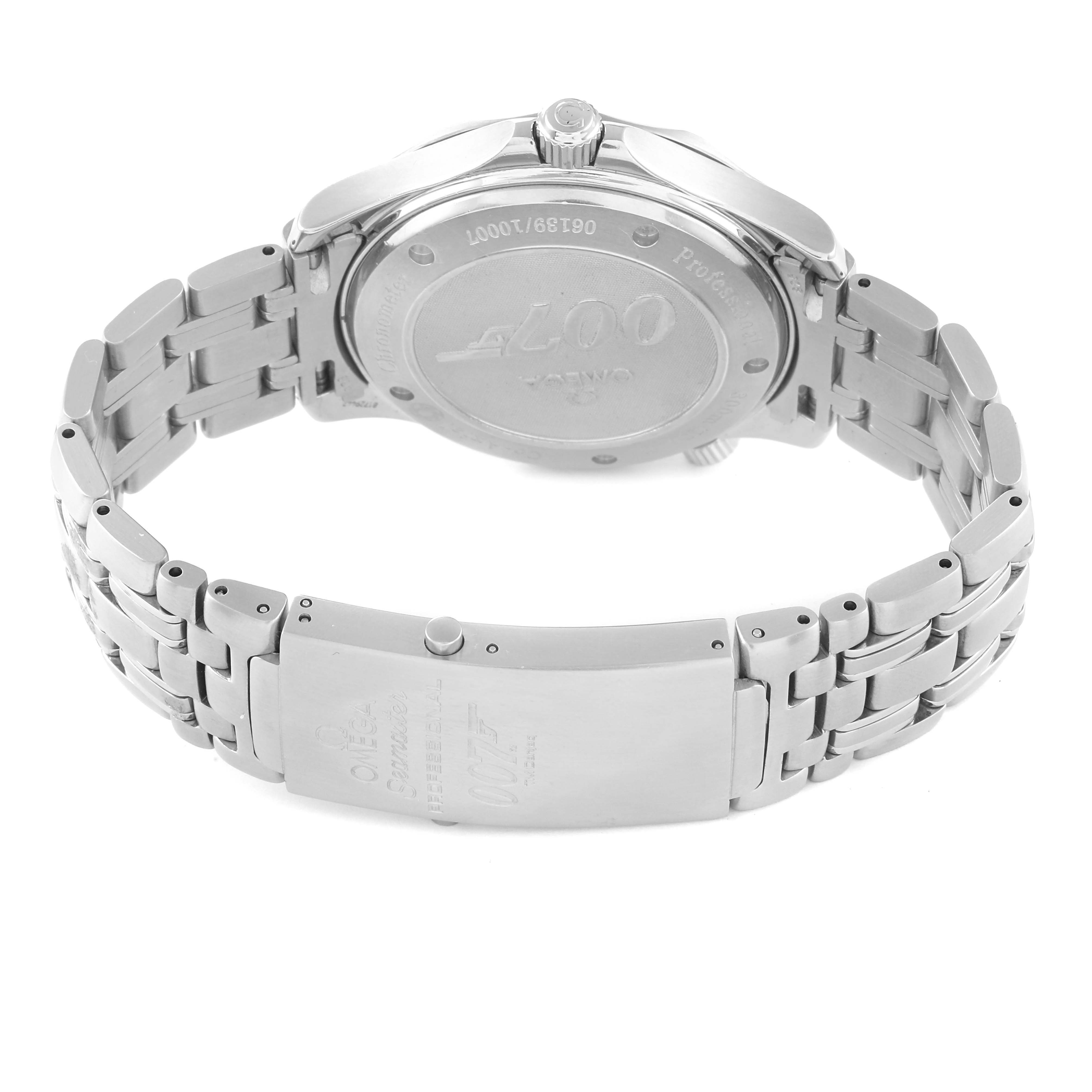 This image shows the back case and bracelet of the Omega Seamaster 2226.80.00 Men's Stainless Steel Blue Dial 2226.80.00 Men's Stainless Steel Blue Dial watch from a rear angle.