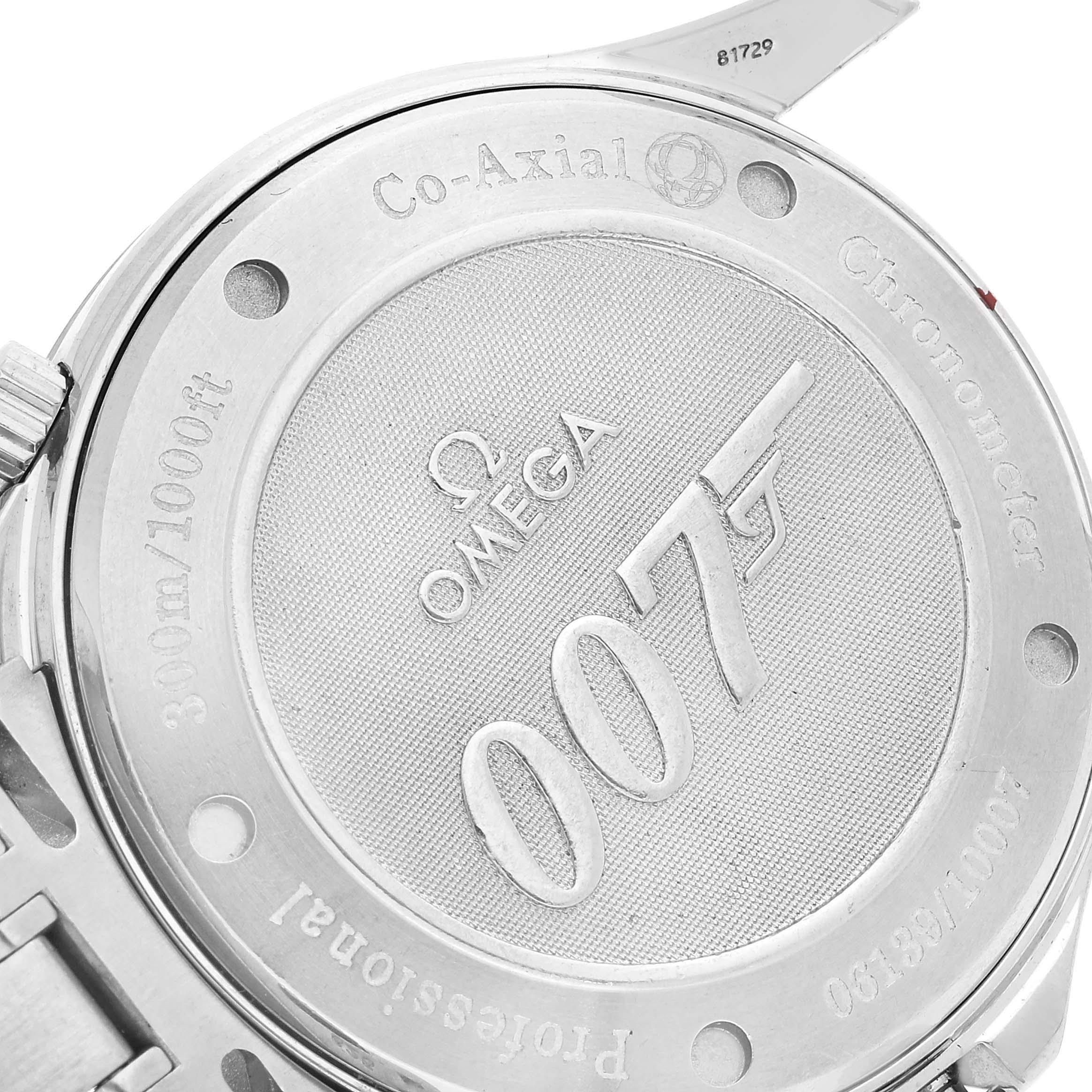 The image shows the back case of the Omega Seamaster 2226.80.00 Men's Stainless Steel Blue Dial 2226.80.00 Men's Stainless Steel Blue Dial watch, featuring the "007" logo and various engravings.