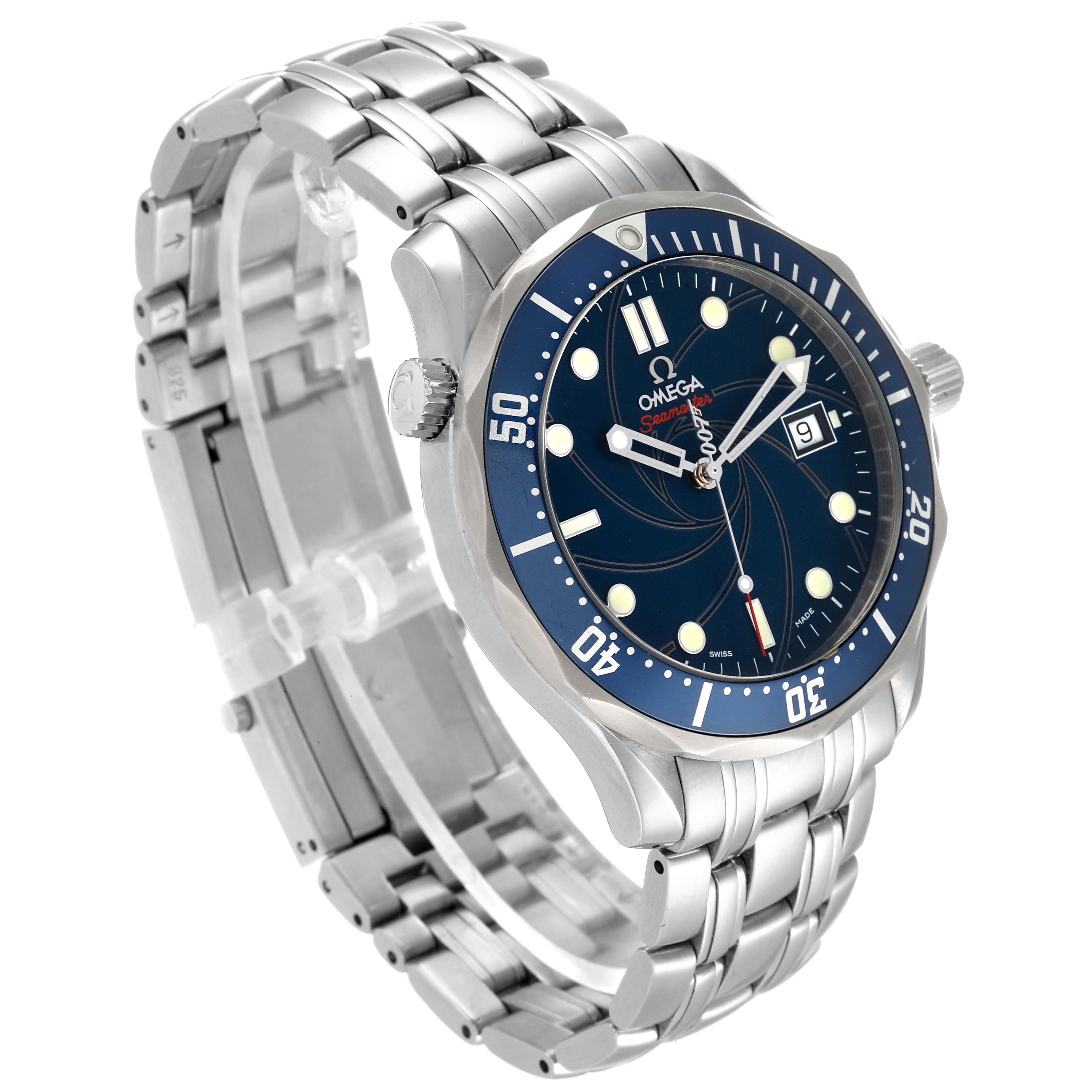 The image shows a stainless steel Omega Seamaster 2226.80.00 Men's Stainless Steel Blue Dial 2226.80.00 Men's Stainless Steel Blue Dial watch from a three-quarter angle, highlighting the bracelet, crown, and face.