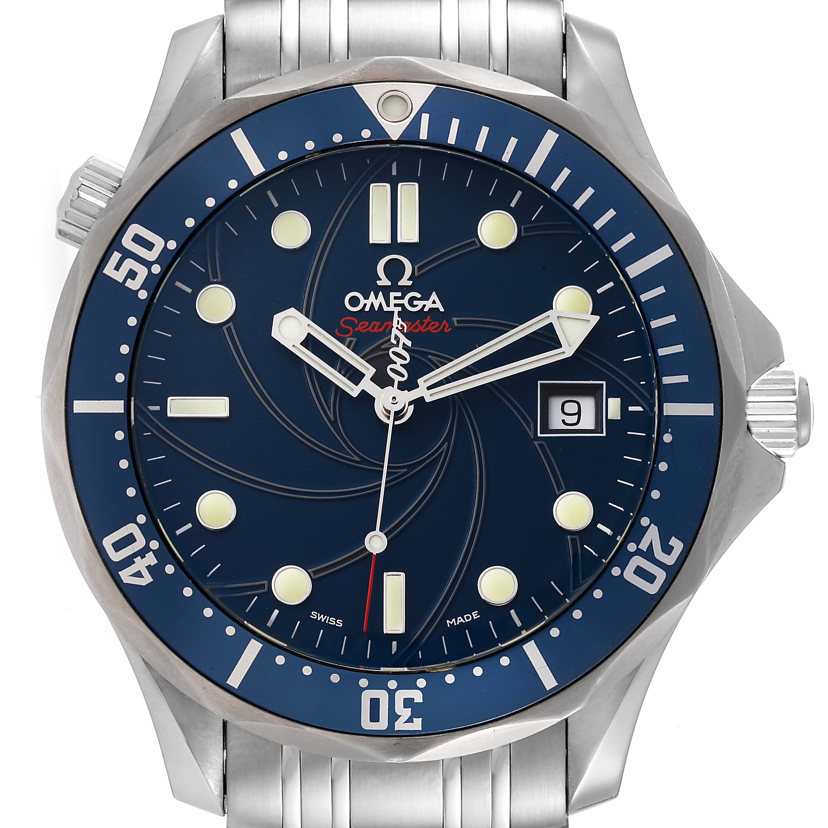 The image shows a front view of an Omega Seamaster 2226.80.00 Men's Stainless Steel Blue Dial 2226.80.00 Men's Stainless Steel Blue Dial watch, highlighting its dial, bezel, hands, and bracelet.