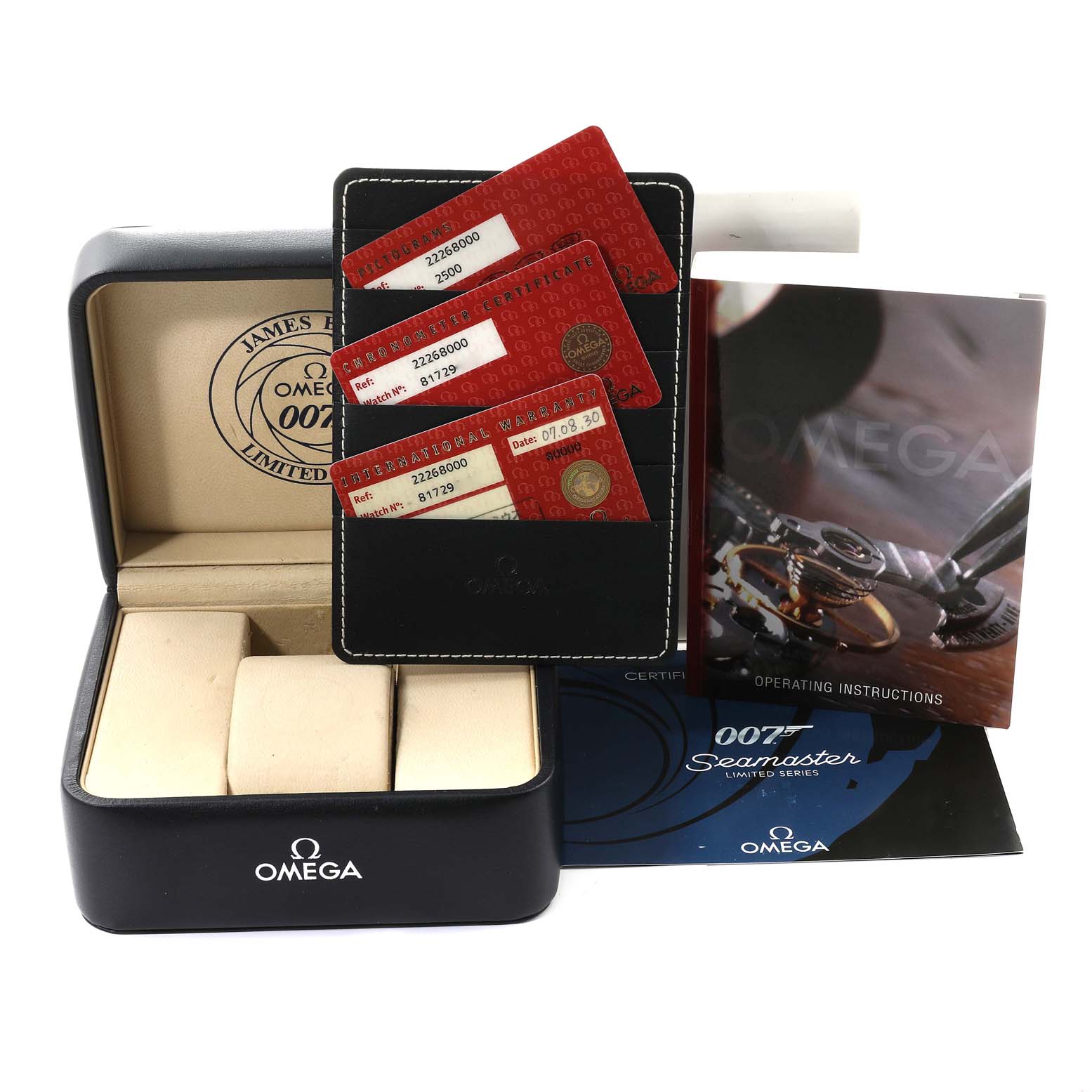 The image shows a James Bond Omega Seamaster 2226.80.00 Men's Stainless Steel Blue Dial 2226.80.00 Men's Stainless Steel Blue Dial watch box, authentication cards, and operating instructions.