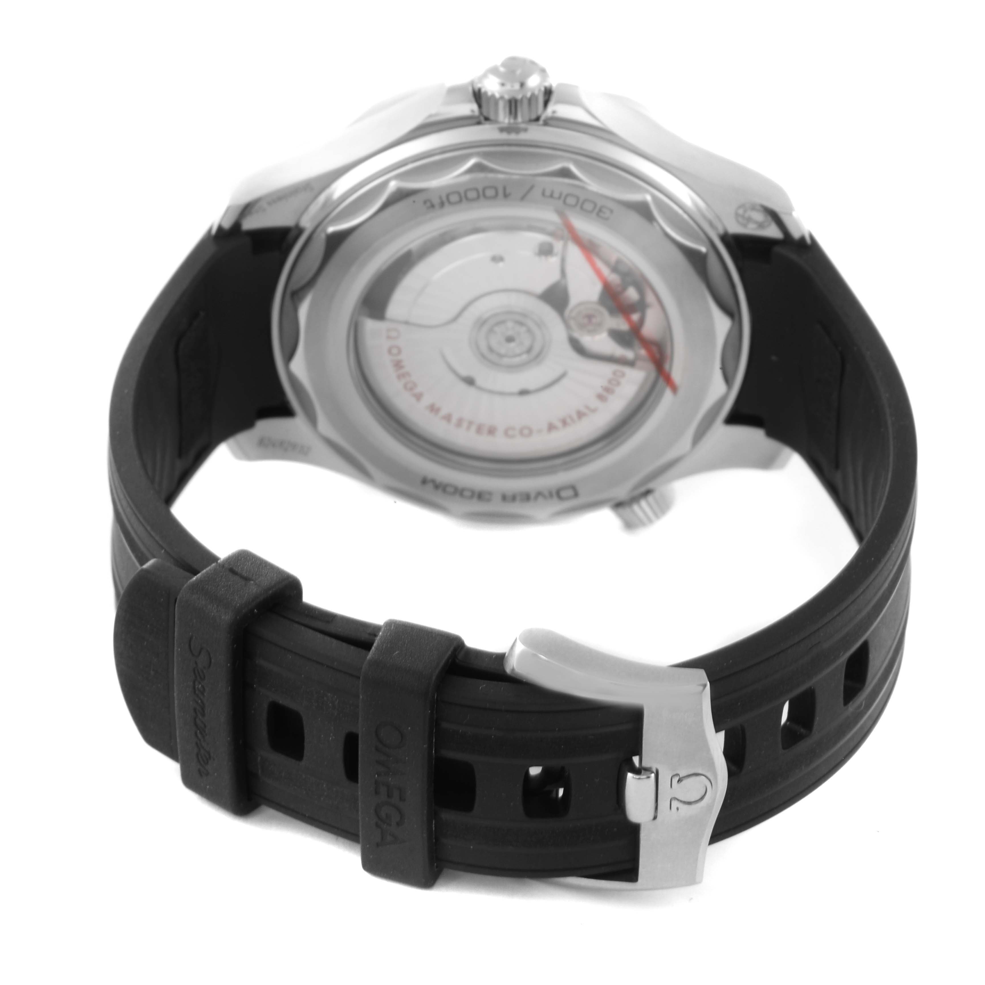 The image shows the back view of an Omega Seamaster 210.32.42.20.04.001 Men's Stainless Steel White Dial 210.32.42.20.04.001 Men's Stainless Steel White Dial watch, highlighting the transparent case back and black rubber strap with a buckle.