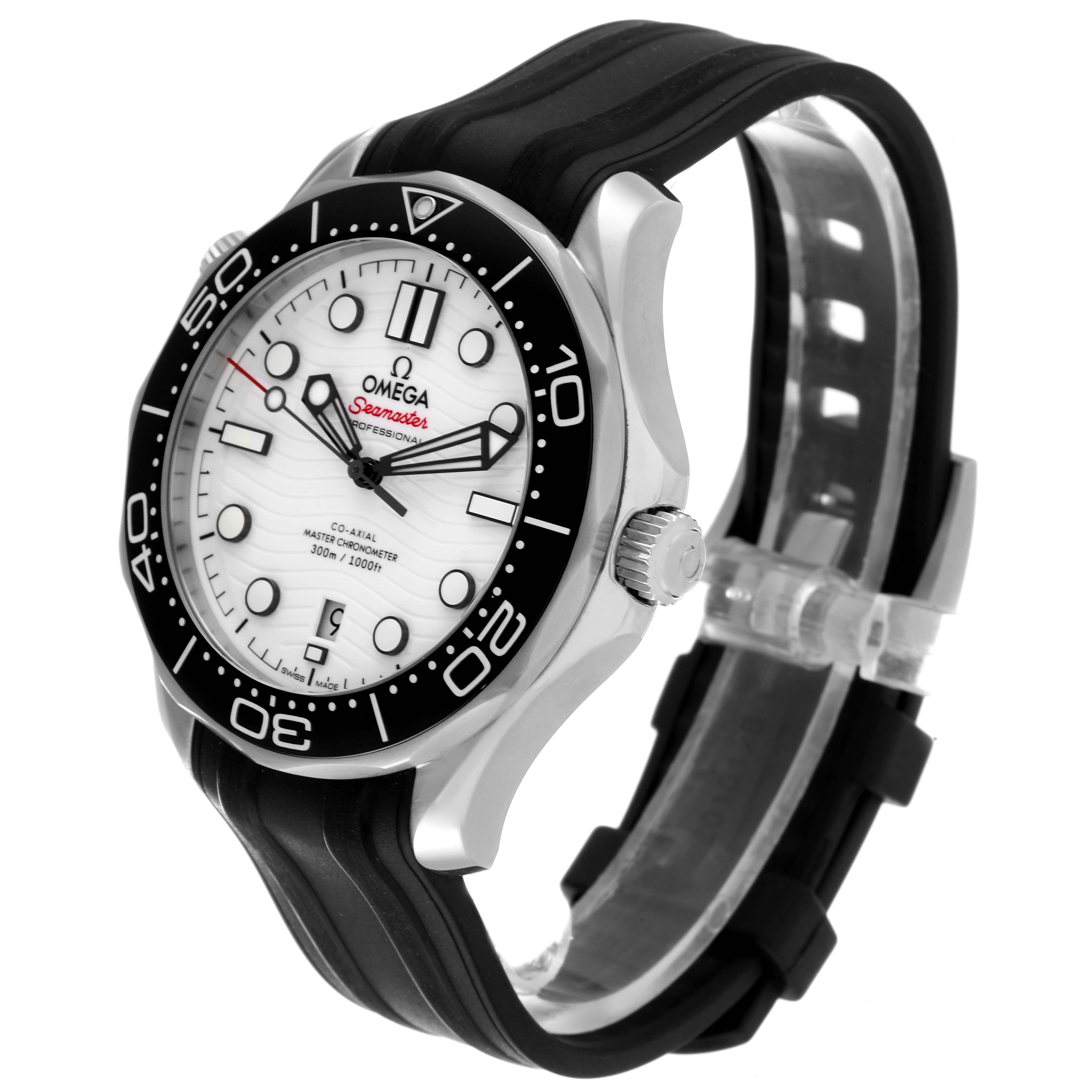The image shows a side and front angle of an Omega Seamaster 210.32.42.20.04.001 Men's Stainless Steel White Dial 210.32.42.20.04.001 Men's Stainless Steel White Dial watch with a black strap and white dial.