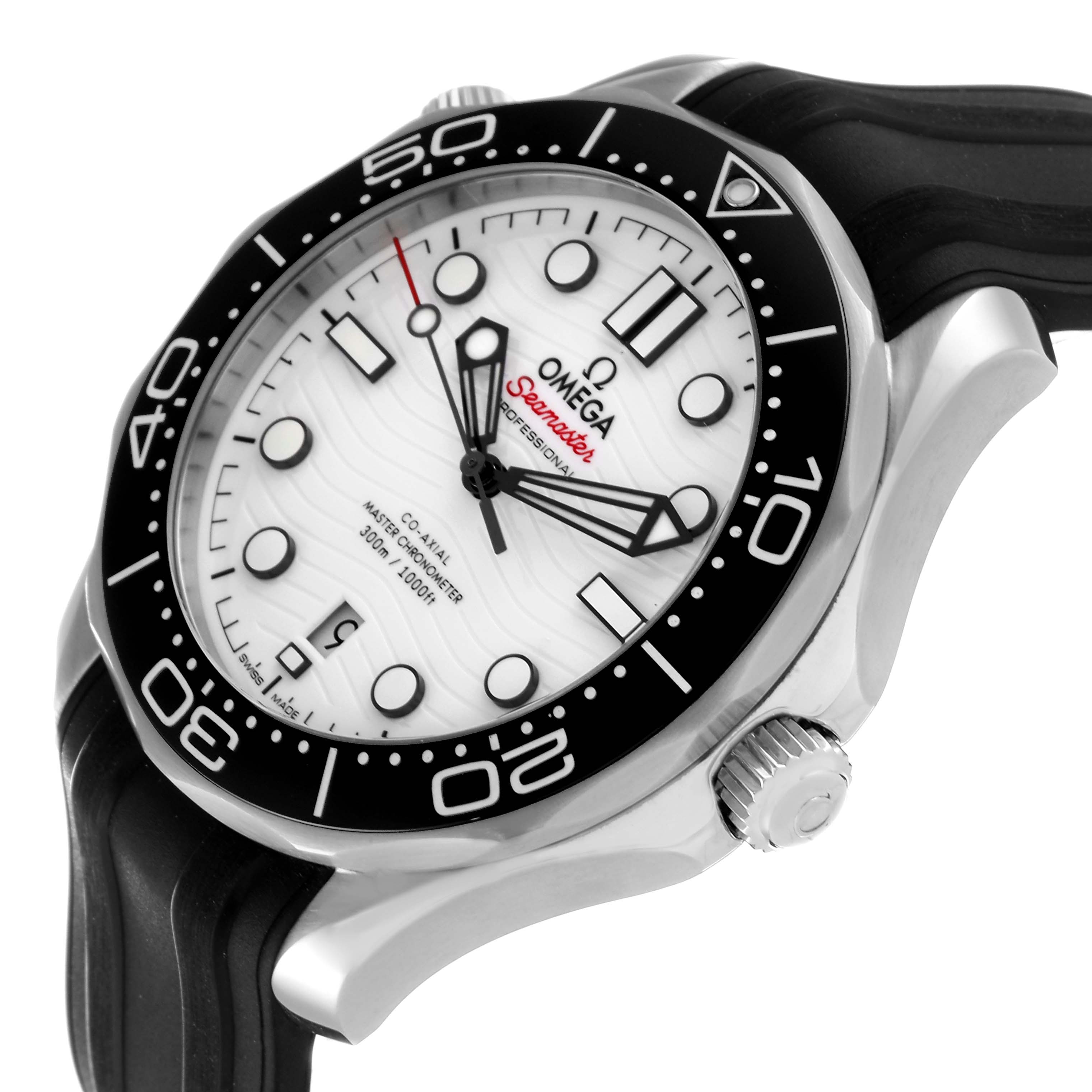 This image shows an angled view of the Omega Seamaster 210.32.42.20.04.001 Men's Stainless Steel White Dial 210.32.42.20.04.001 Men's Stainless Steel White Dial watch, highlighting the dial, bezel, crown, and part of the strap.