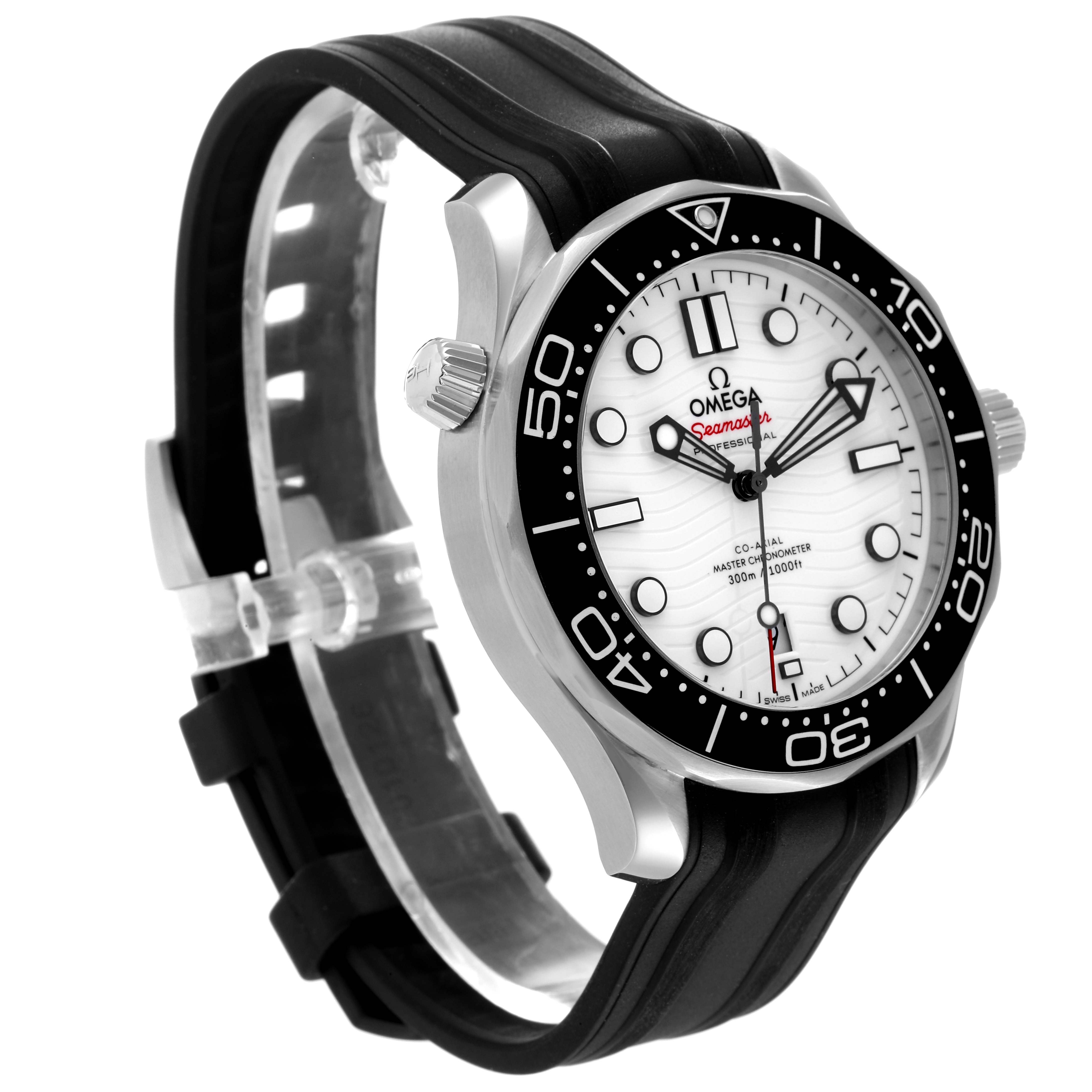 The watch is an Omega Seamaster 210.32.42.20.04.001 Men's Stainless Steel White Dial 210.32.42.20.04.001 Men's Stainless Steel White Dial model, shown at a slight angle displaying the dial, bezel, crown, and strap.