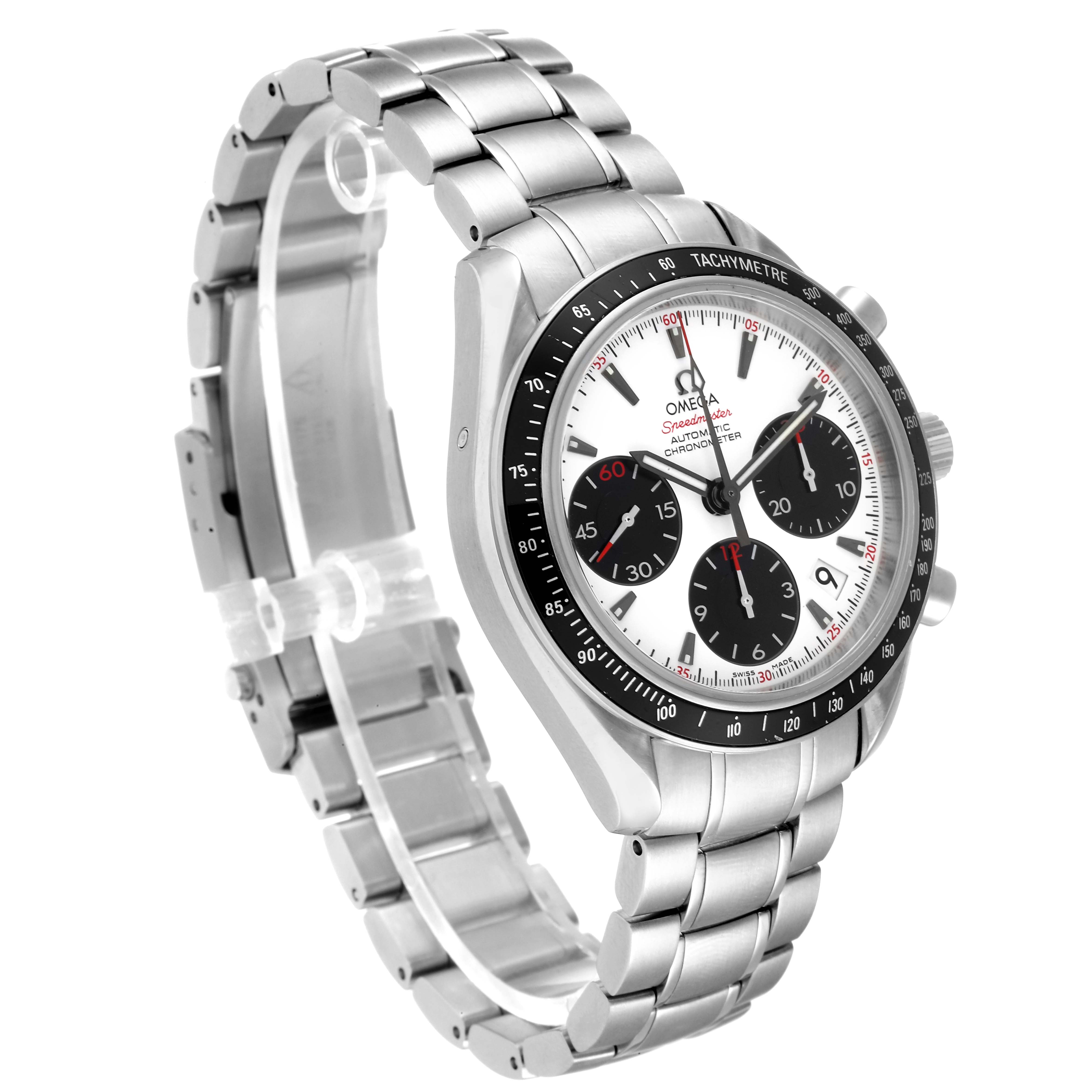 The Omega Speedmaster 323.30.40.40.04.001 Men's Stainless Steel White Dial 323.30.40.40.04.001 Men's Stainless Steel White Dial watch is shown at a three-quarter angle, featuring its face, bezel, and stainless steel bracelet.