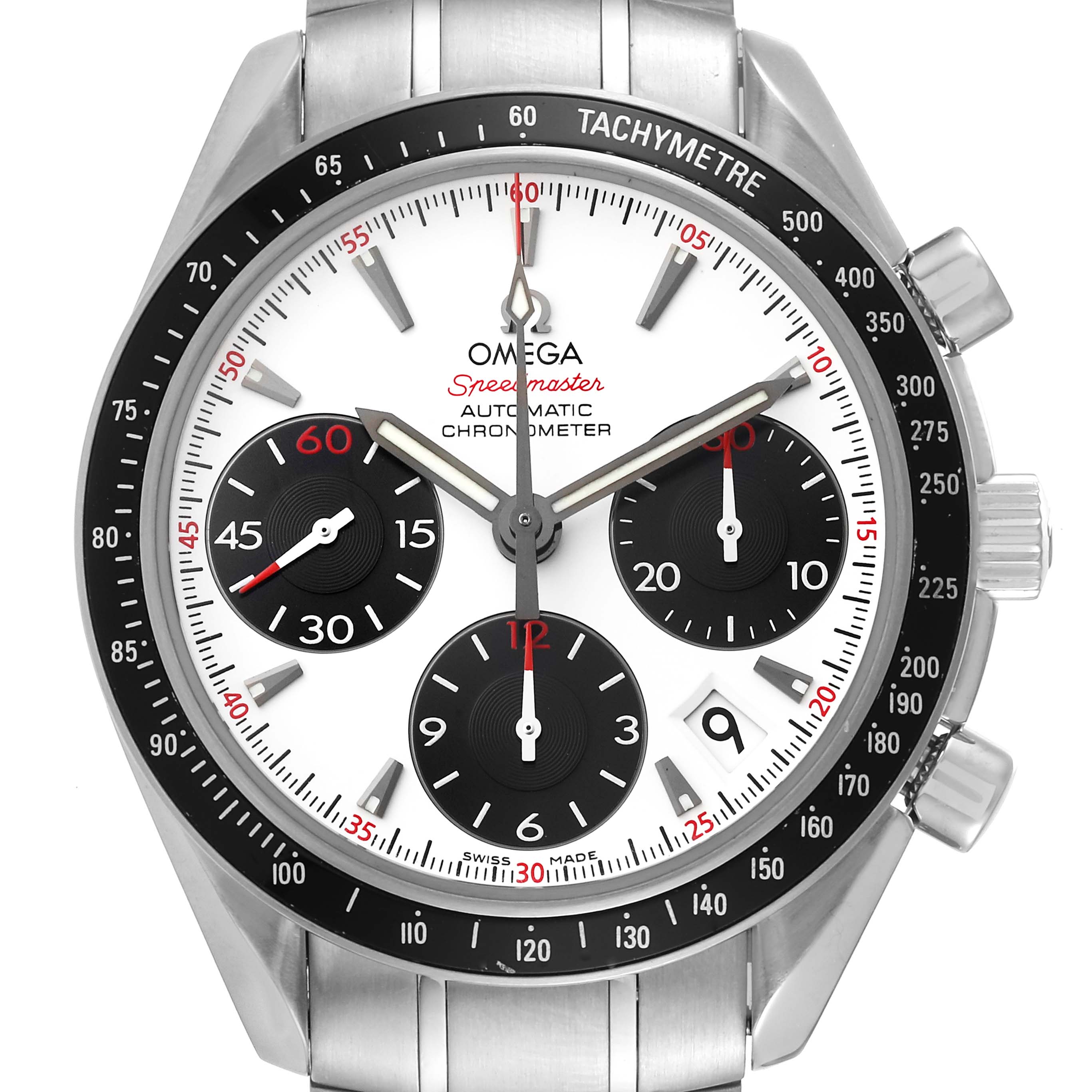 This Omega Speedmaster 323.30.40.40.04.001 Men's Stainless Steel White Dial 323.30.40.40.04.001 Men's Stainless Steel White Dial watch is shown from the front, displaying the face, tachymeter bezel, and chronograph subdials.