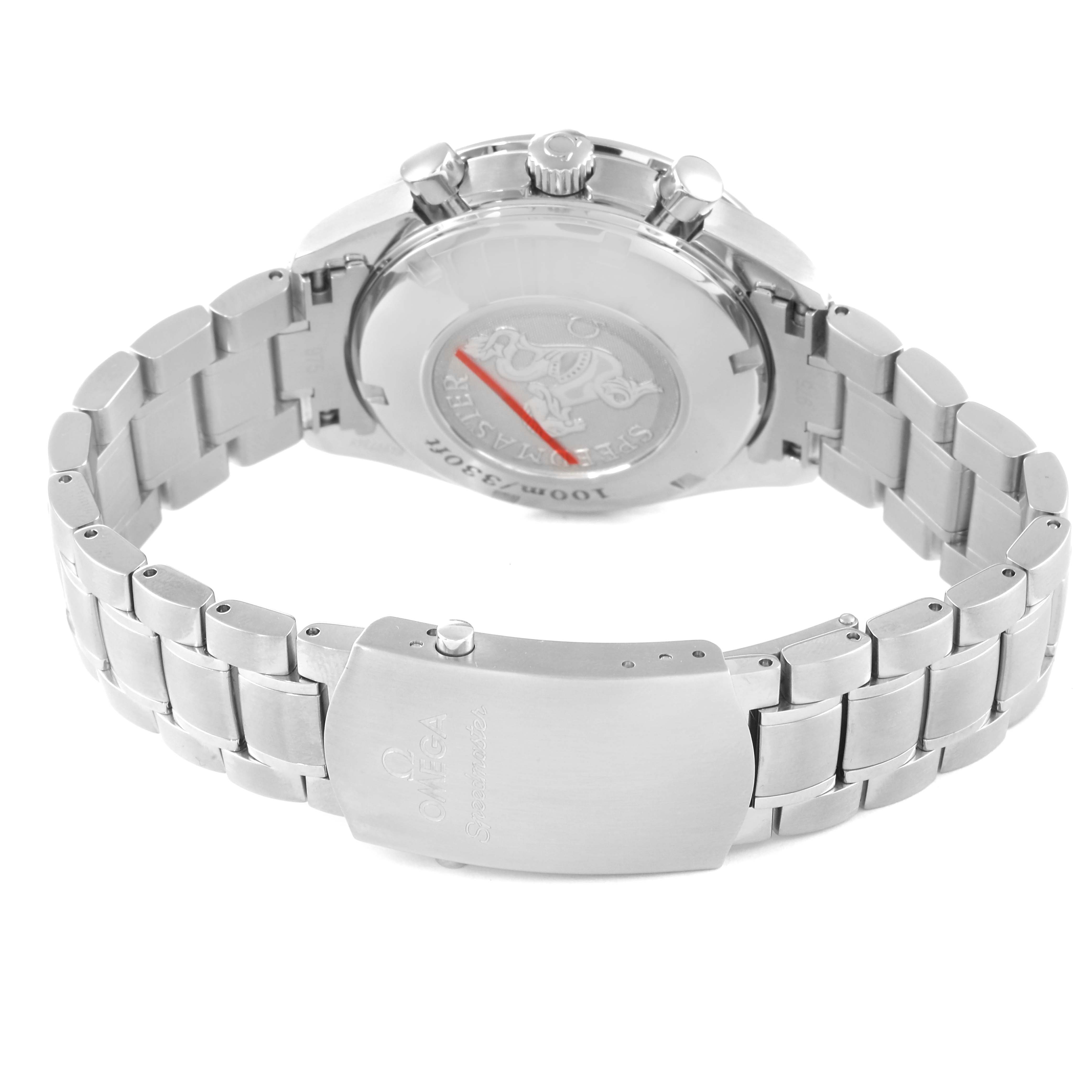 This is a rear view of the Omega Speedmaster 323.30.40.40.04.001 Men's Stainless Steel White Dial 323.30.40.40.04.001 Men's Stainless Steel White Dial watch, showing the case back, clasp, and part of the stainless steel bracelet.