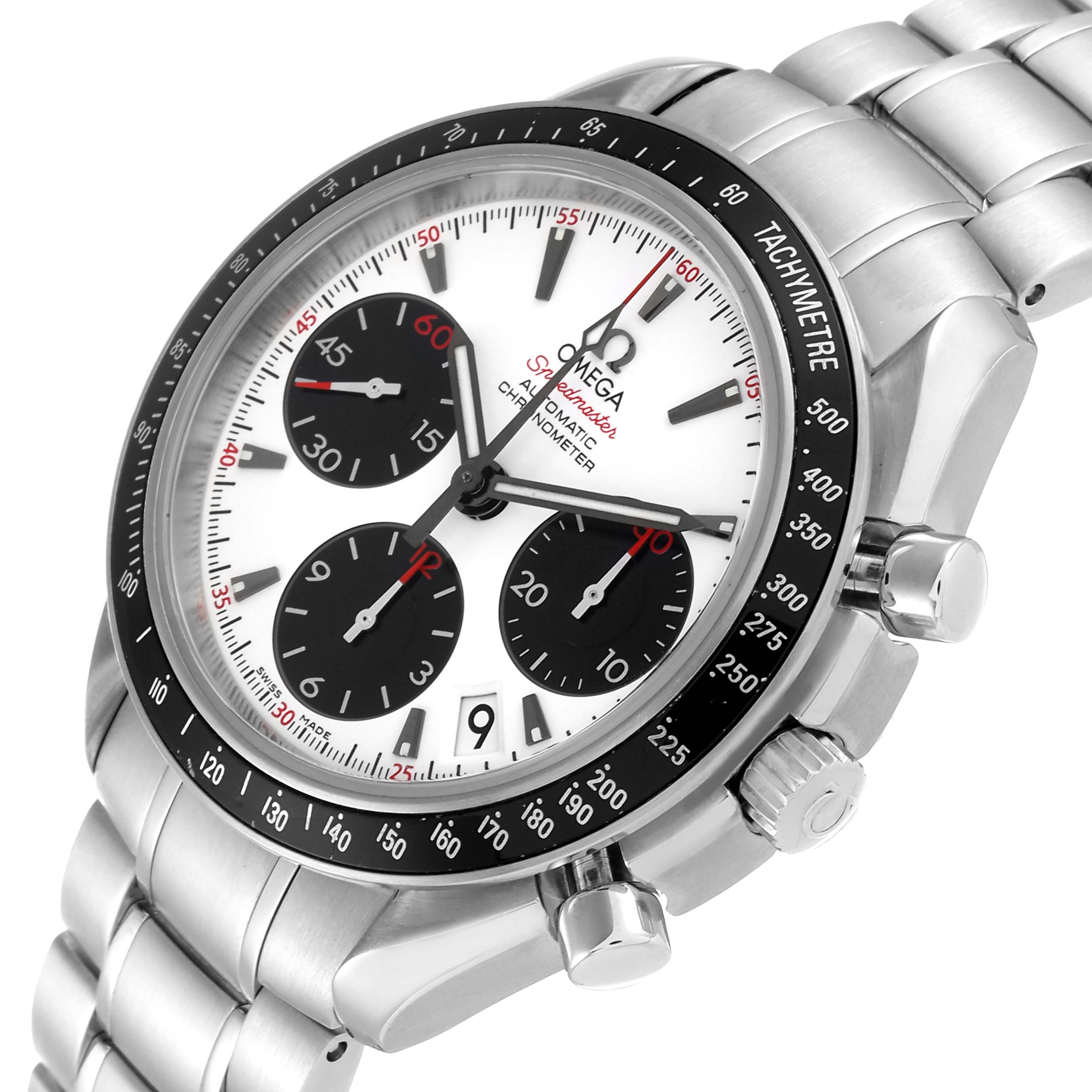 The Omega Speedmaster 323.30.40.40.04.001 Men's Stainless Steel White Dial 323.30.40.40.04.001 Men's Stainless Steel White Dial watch is shown at a three-quarter angle displaying its face, bracelet, and side buttons.