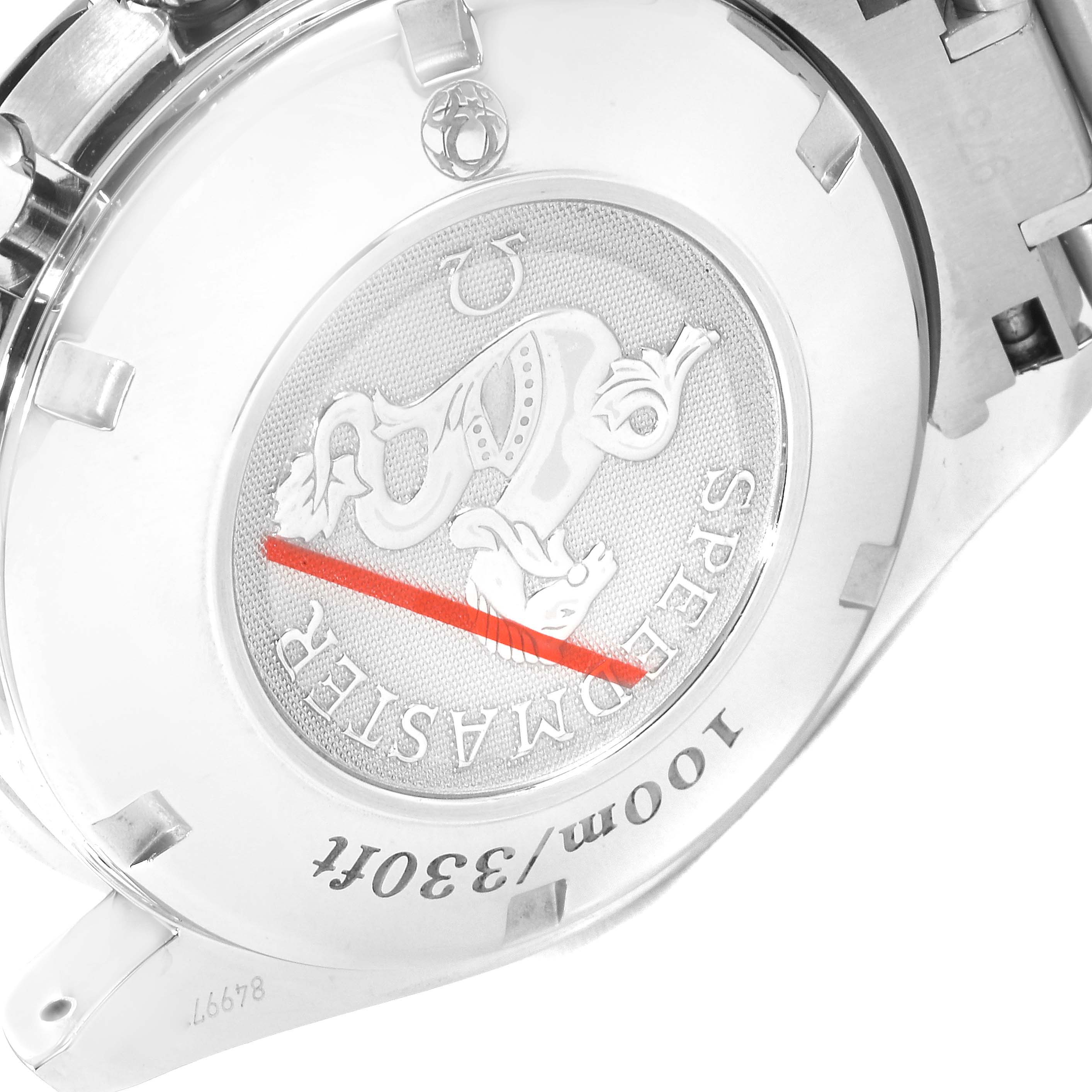 This image shows the back of an Omega Speedmaster 323.30.40.40.04.001 Men's Stainless Steel White Dial 323.30.40.40.04.001 Men's Stainless Steel White Dial watch, highlighting the embossed emblem and model details.
