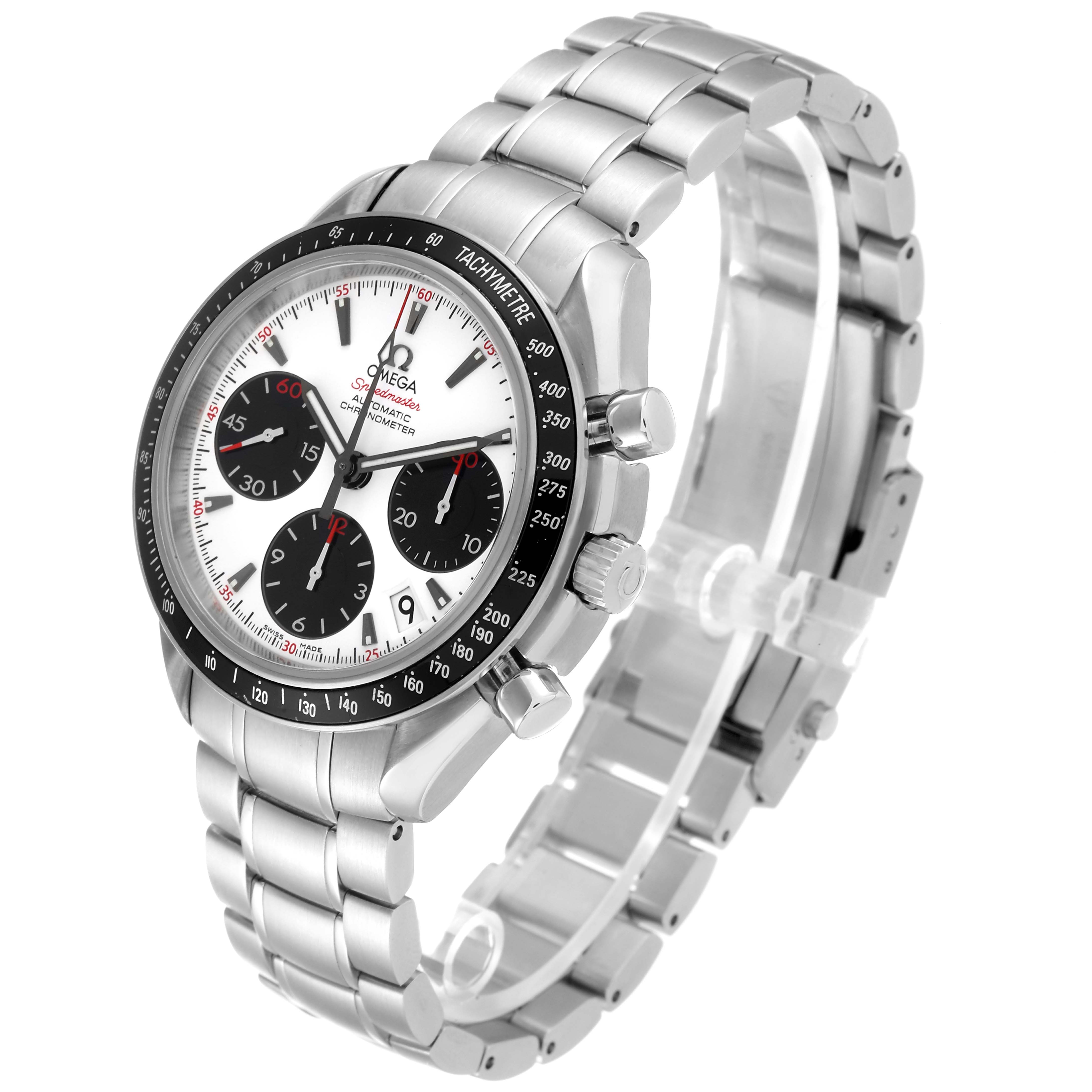 The Omega Speedmaster 323.30.40.40.04.001 Men's Stainless Steel White Dial 323.30.40.40.04.001 Men's Stainless Steel White Dial watch is shown at a three-quarter angle, displaying its face, bezel, and metal bracelet.