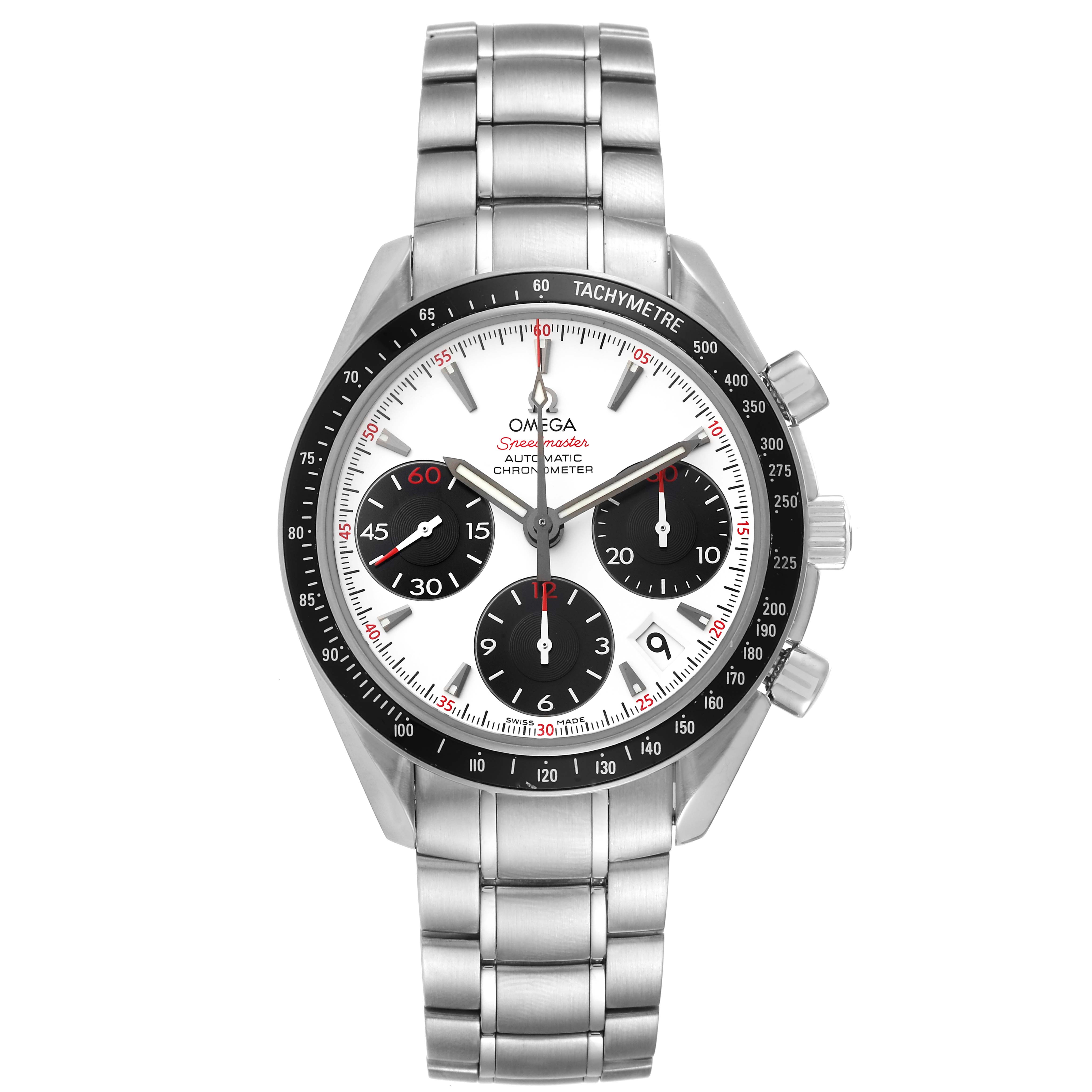 This image shows a front view of an Omega Speedmaster 323.30.40.40.04.001 Men's Stainless Steel White Dial 323.30.40.40.04.001 Men's Stainless Steel White Dial watch, highlighting the dial, bezel, pushers, crown, and steel bracelet.