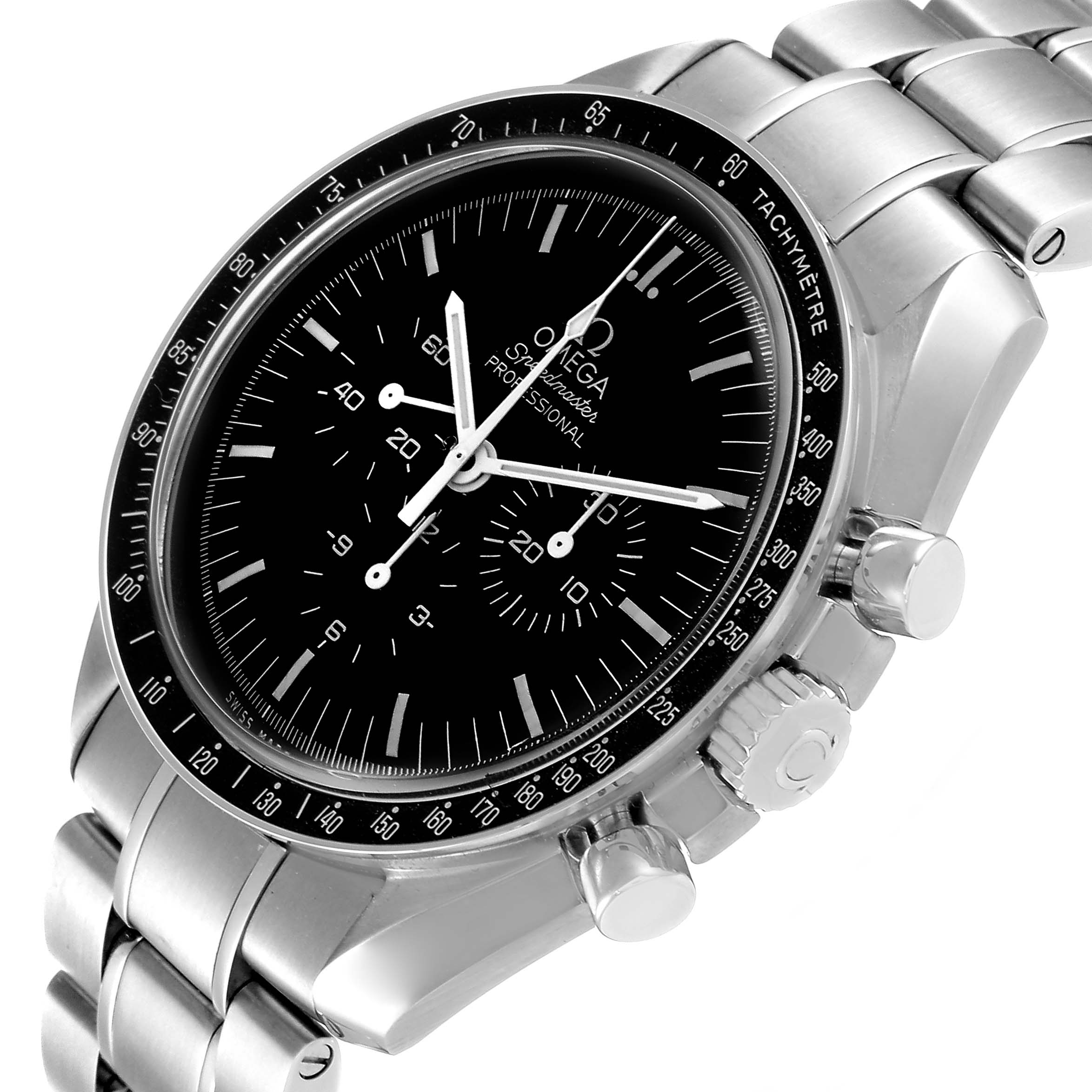 This Omega Speedmaster 311.30.42.30.01.005 Men's Stainless Steel Black Dial 311.30.42.30.01.005 Men's Stainless Steel Black Dial watch is shown from an angled side view, highlighting the dial, bezel, crown, and chronograph pushers.