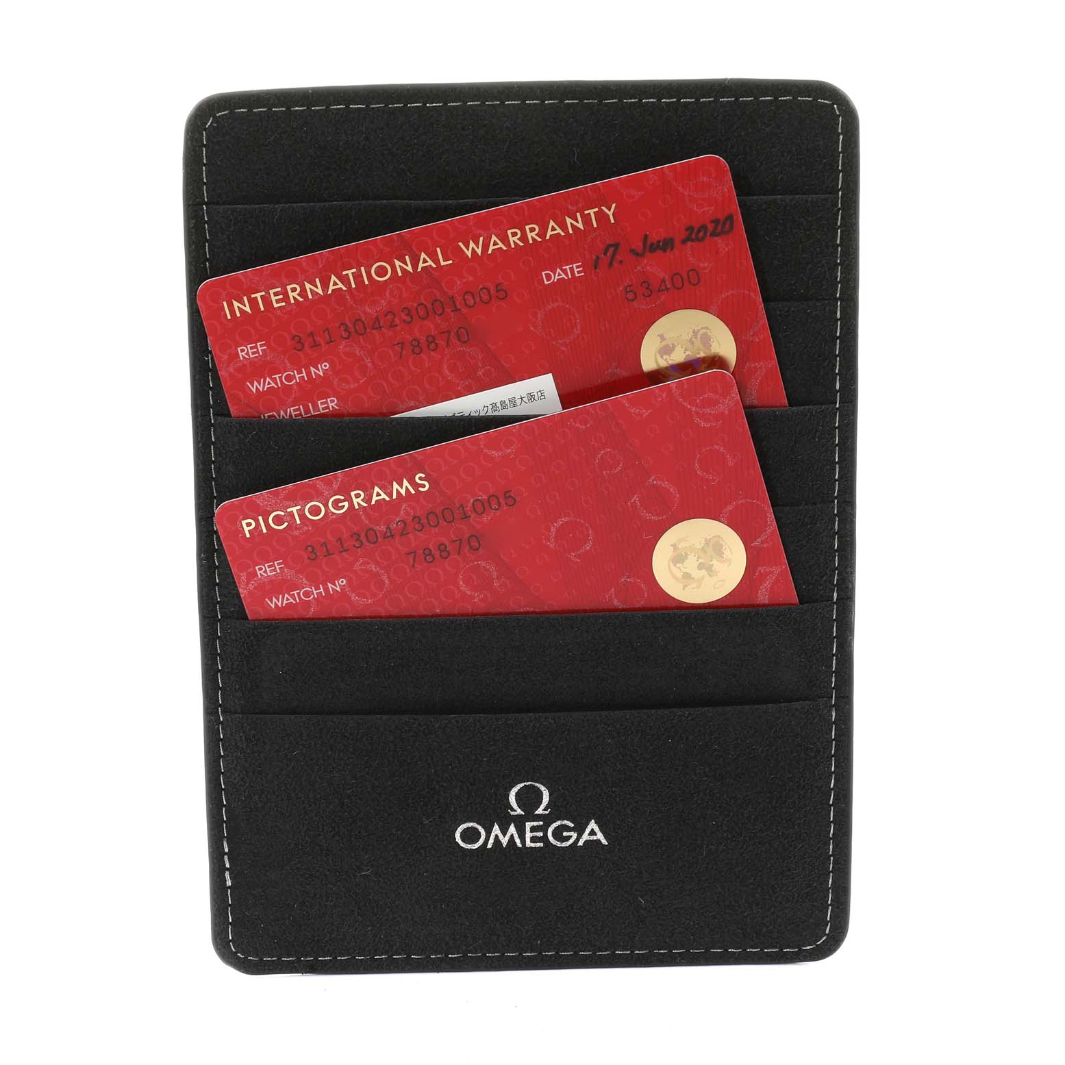 The image shows an Omega Speedmaster 311.30.42.30.01.005 Men's Stainless Steel Black Dial 311.30.42.30.01.005 Men's Stainless Steel Black Dial model warranty card holder with two red cards inside.