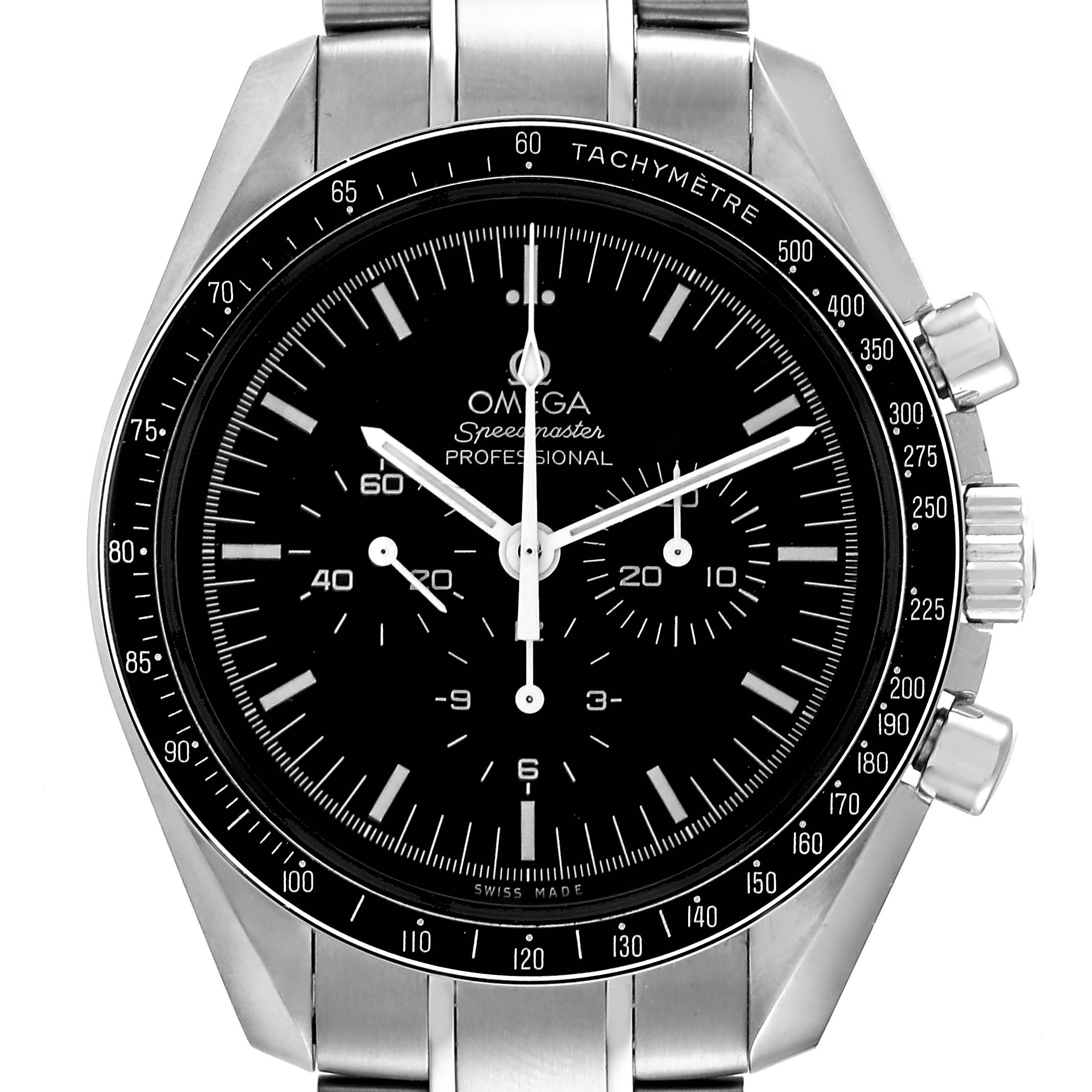 This image shows a front view of the Omega Speedmaster 311.30.42.30.01.005 Men's Stainless Steel Black Dial 311.30.42.30.01.005 Men's Stainless Steel Black Dial Professional watch, displaying the dial, hands, and bezel.