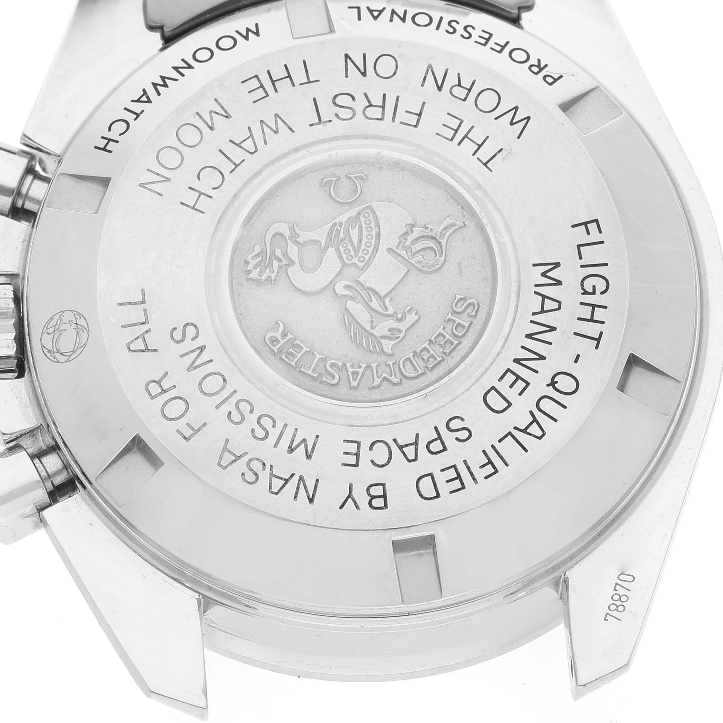 This image shows the case back of an Omega Speedmaster 311.30.42.30.01.005 Men's Stainless Steel Black Dial 311.30.42.30.01.005 Men's Stainless Steel Black Dial, highlighting engraved inscriptions and branding.