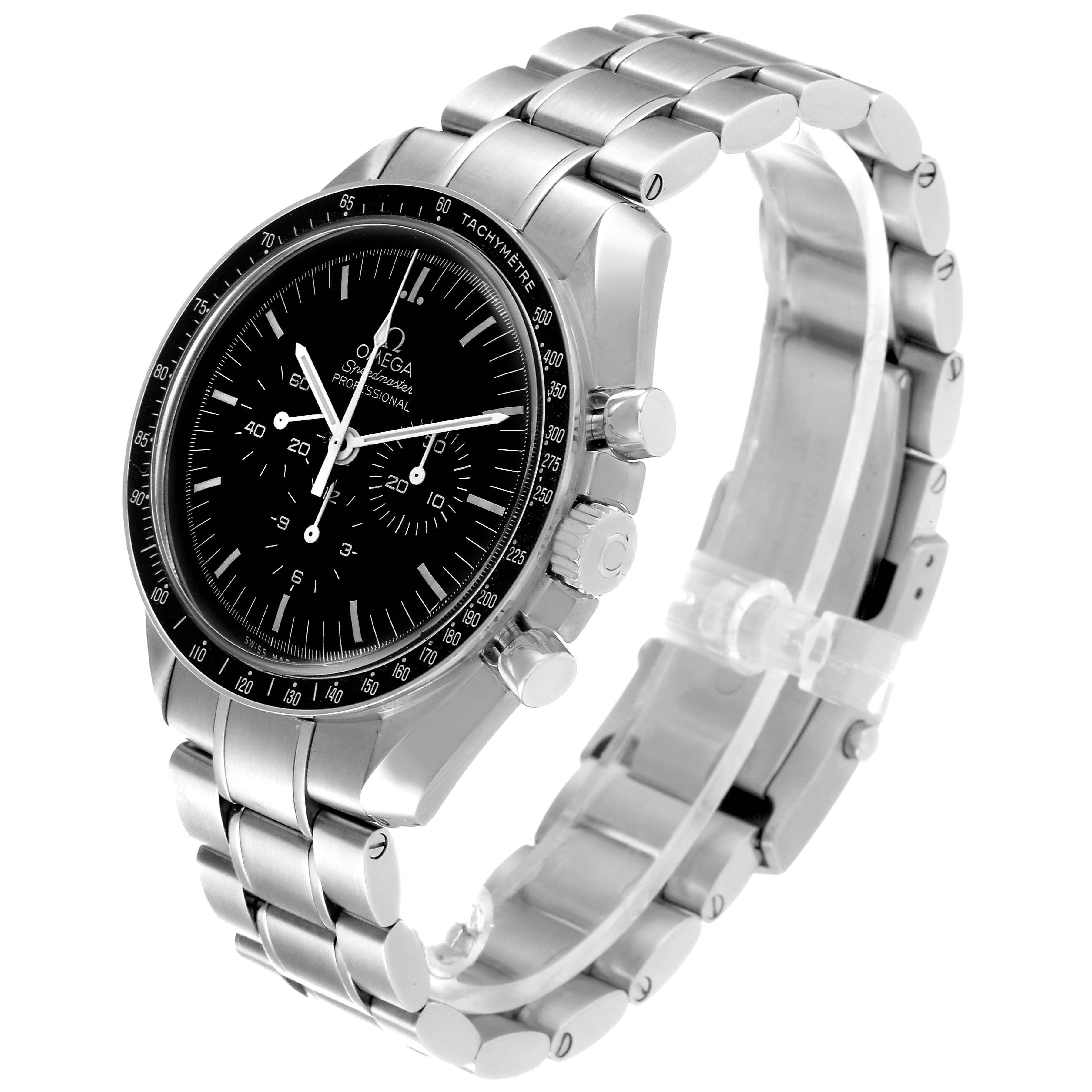 The Omega Speedmaster 311.30.42.30.01.005 Men's Stainless Steel Black Dial 311.30.42.30.01.005 Men's Stainless Steel Black Dial watch is shown at a three-quarter angle, displaying its face, bezel, crown, pushers, and bracelet.