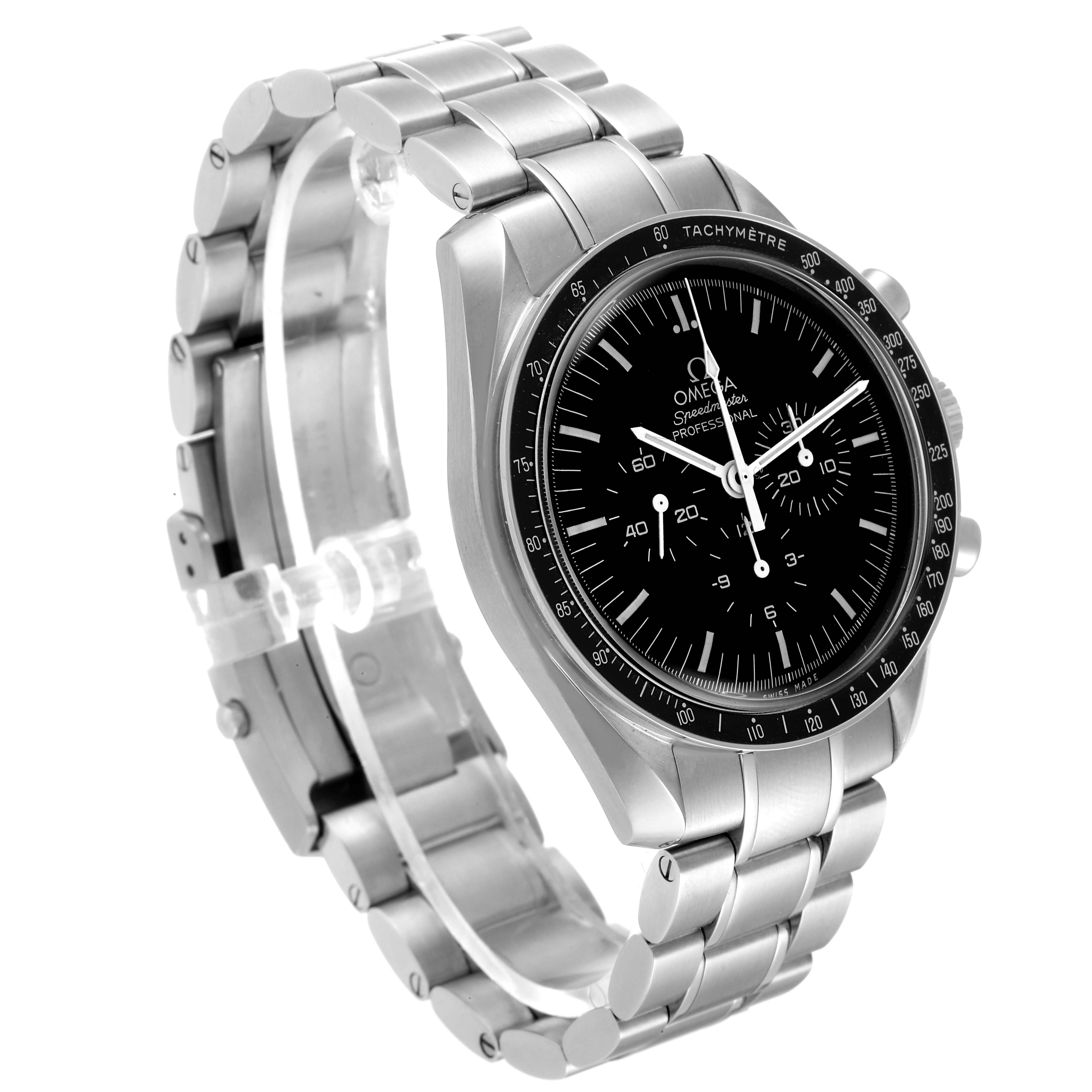 This image shows an Omega Speedmaster 311.30.42.30.01.005 Men's Stainless Steel Black Dial 311.30.42.30.01.005 Men's Stainless Steel Black Dial wristwatch at a slight side angle, highlighting its black dial, tachymeter bezel, and stainless steel bracelet.
