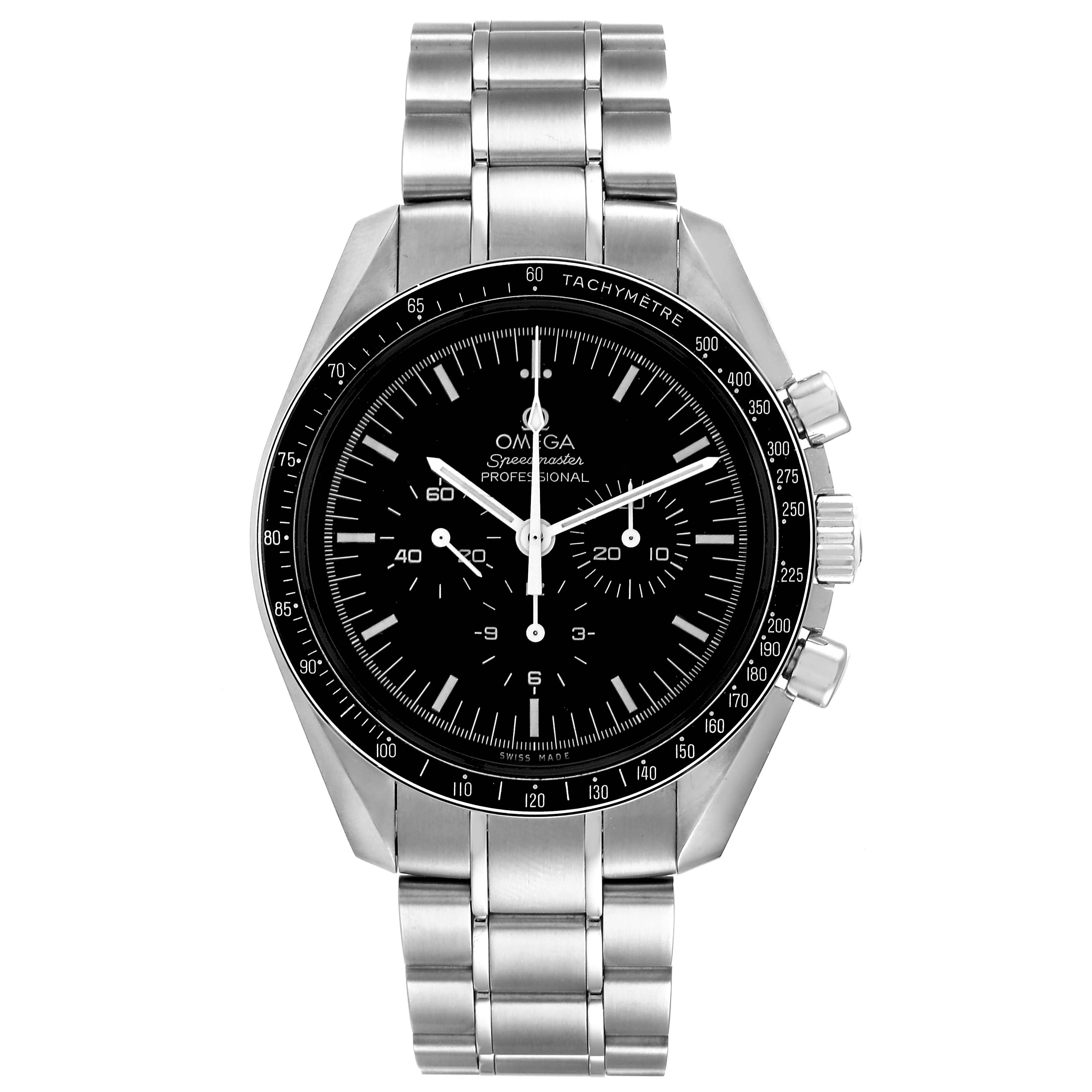 The image shows a frontal view of an Omega Speedmaster 311.30.42.30.01.005 Men's Stainless Steel Black Dial 311.30.42.30.01.005 Men's Stainless Steel Black Dial watch, focusing on the dial and stainless steel bracelet.