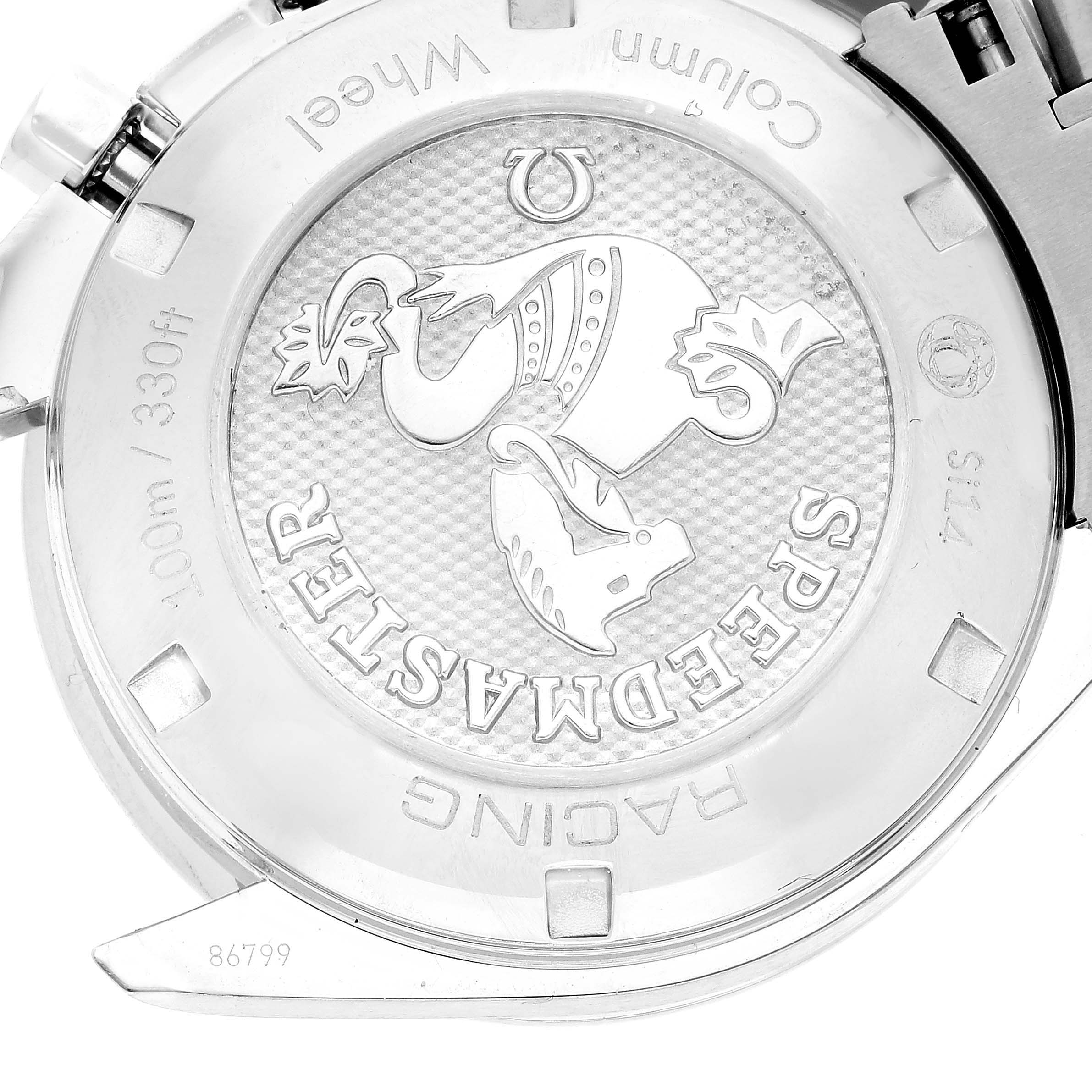 The image shows the engraved case back of an Omega Speedmaster 326.30.40.50.01.001 Men's Stainless Steel Black Dial 326.30.40.50.01.001 Men's Stainless Steel Black Dial watch, viewed from a close-up angle.