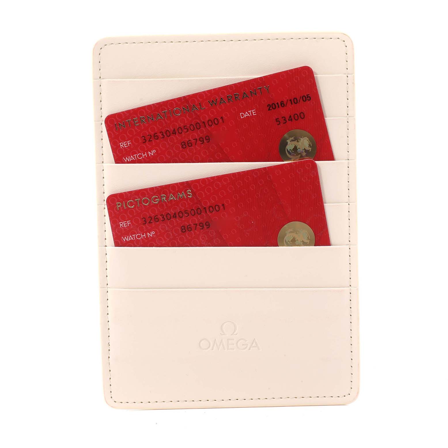 The image shows an Omega Speedmaster 326.30.40.50.01.001 Men's Stainless Steel Black Dial 326.30.40.50.01.001 Men's Stainless Steel Black Dial warranty cardholder with two red cards for international warranty and pictograms.