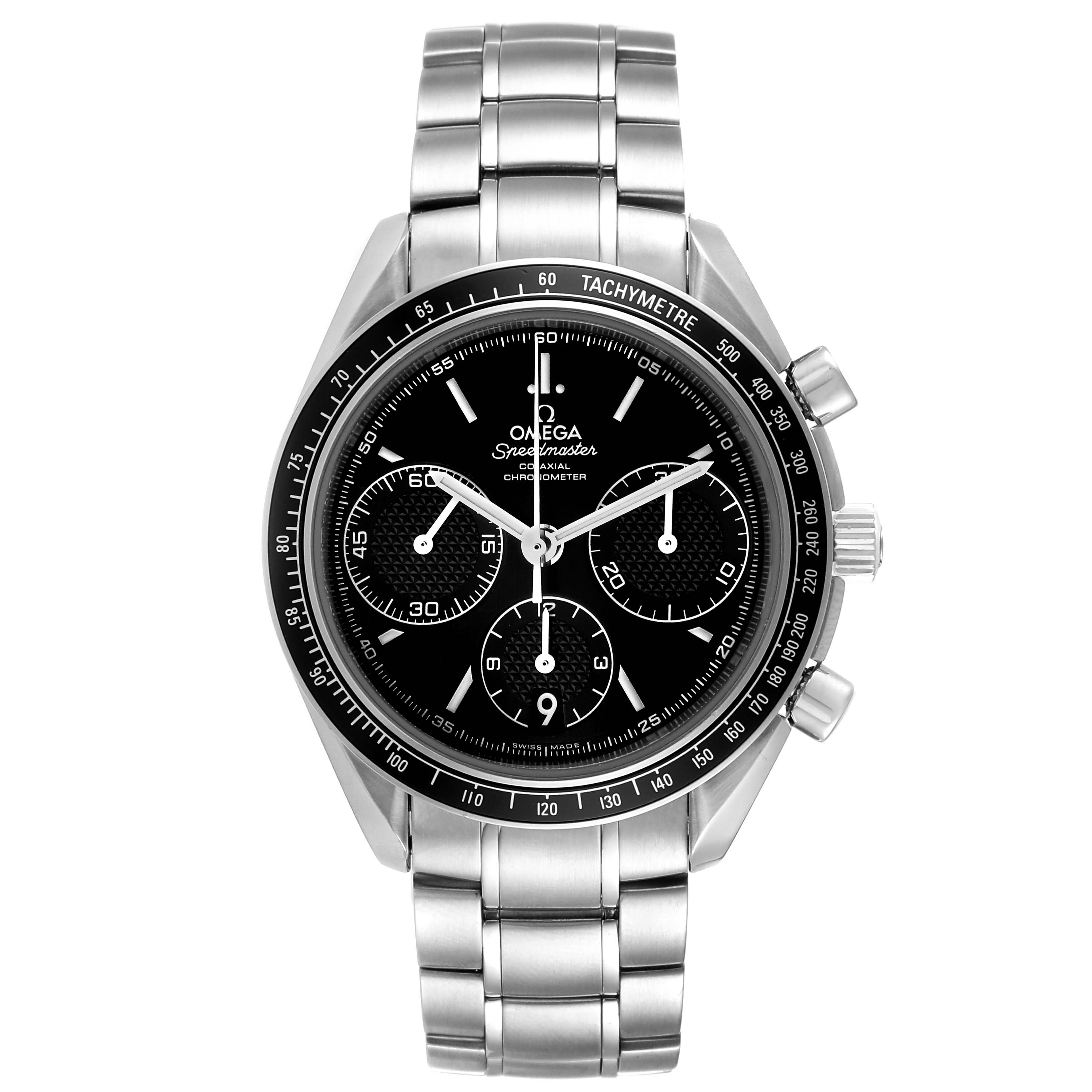This image shows a front view of the Omega Speedmaster 326.30.40.50.01.001 Men's Stainless Steel Black Dial 326.30.40.50.01.001 Men's Stainless Steel Black Dial watch, highlighting its dial, bezel, and metal bracelet.