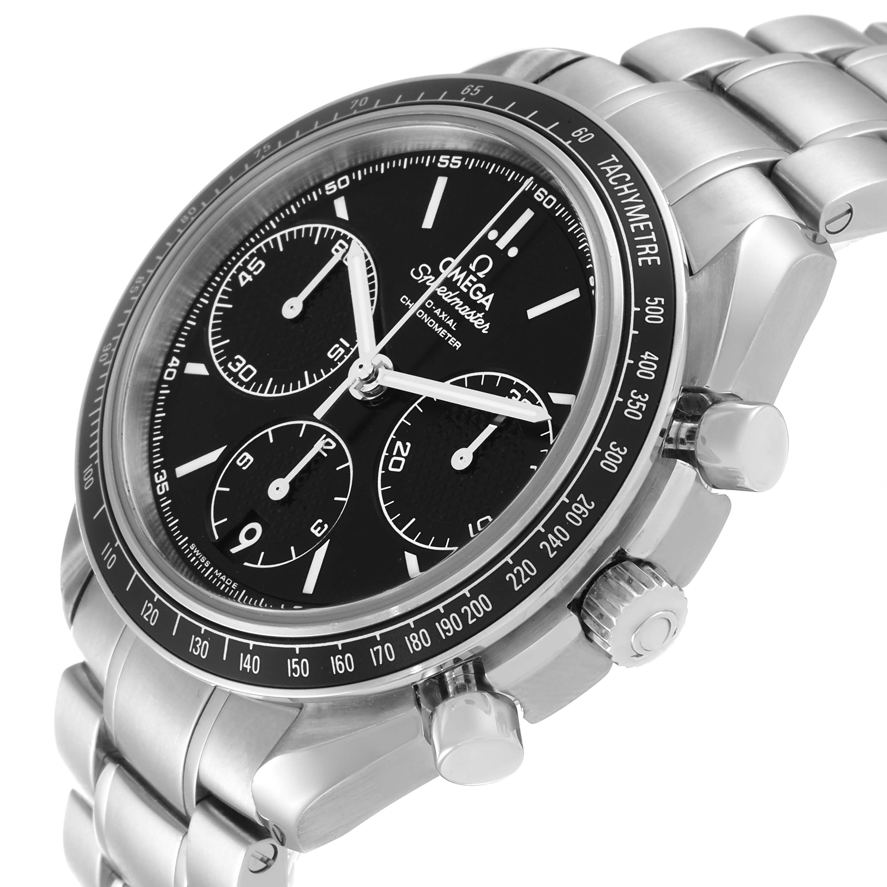 The image shows a side angle of the Omega Speedmaster 326.30.40.50.01.001 Men's Stainless Steel Black Dial 326.30.40.50.01.001 Men's Stainless Steel Black Dial, highlighting its dial, tachymeter bezel, and stainless steel bracelet.