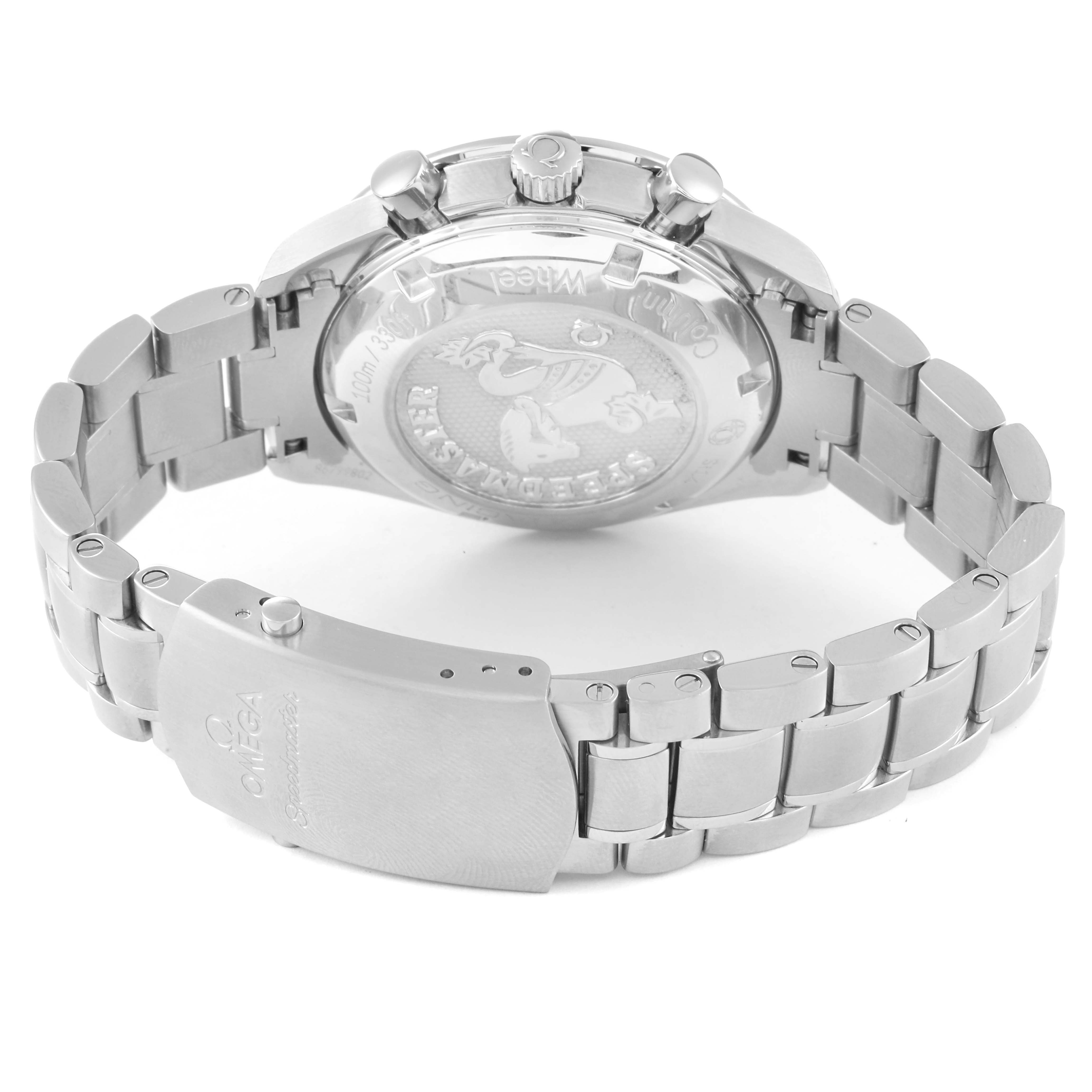 The image shows the back and bracelet of an Omega Speedmaster 326.30.40.50.01.001 Men's Stainless Steel Black Dial 326.30.40.50.01.001 Men's Stainless Steel Black Dial watch, including the clasp and case back.