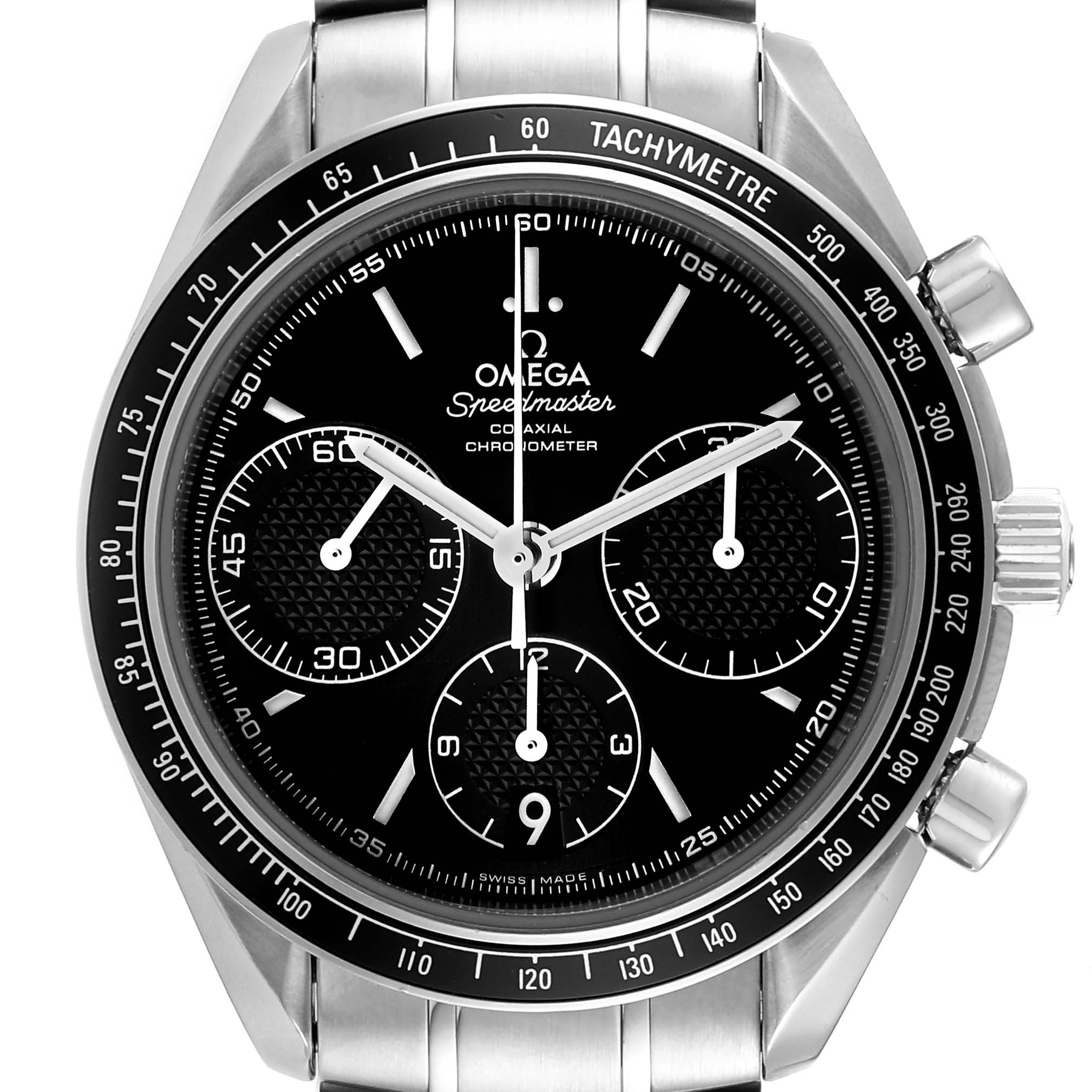 The image shows a frontal view of an Omega Speedmaster 326.30.40.50.01.001 Men's Stainless Steel Black Dial 326.30.40.50.01.001 Men's Stainless Steel Black Dial watch, highlighting its dial, chronograph subdials, and tachymeter bezel.