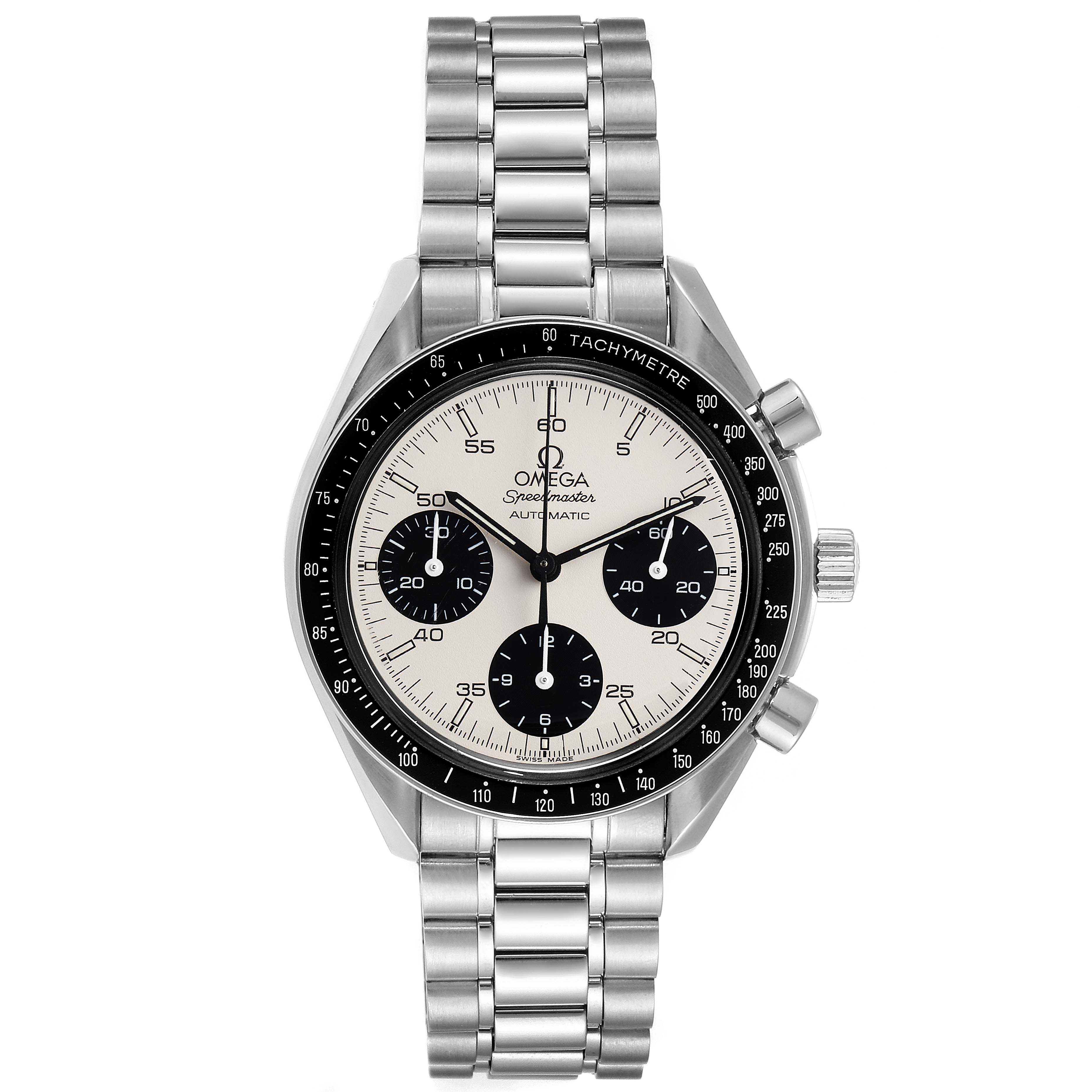 The image shows a front angle view of an Omega Speedmaster 3510.20.00 Men
s Stainless Steel White Dial 3510.20.00 Men
s Stainless Steel White Dial watch, highlighting its face, bezel, case, bracelet, and chronograph features.