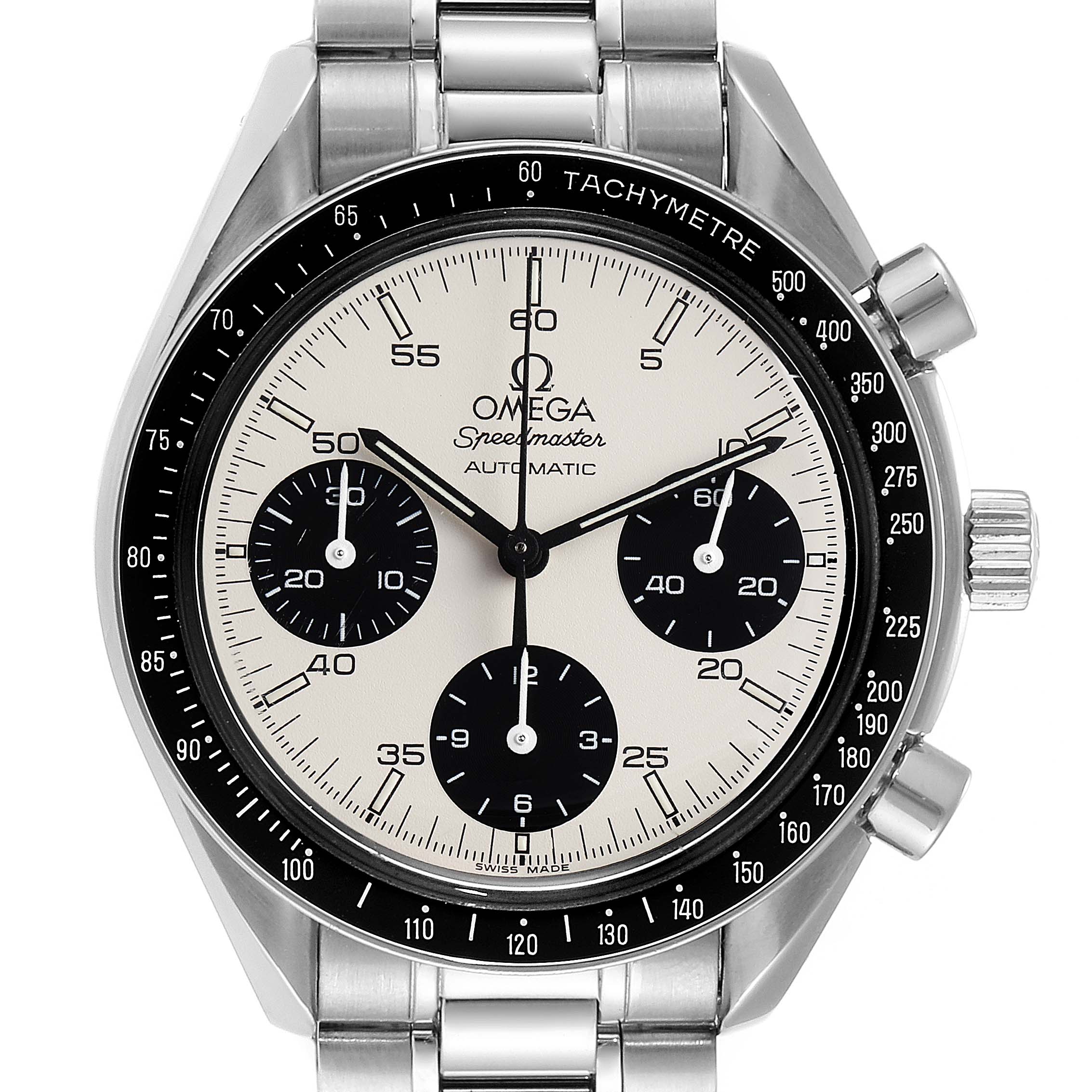 The image showcases the front view of an Omega Speedmaster 3510.20.00 Men
s Stainless Steel White Dial 3510.20.00 Men
s Stainless Steel White Dial watch, highlighting its dial and bracelet.