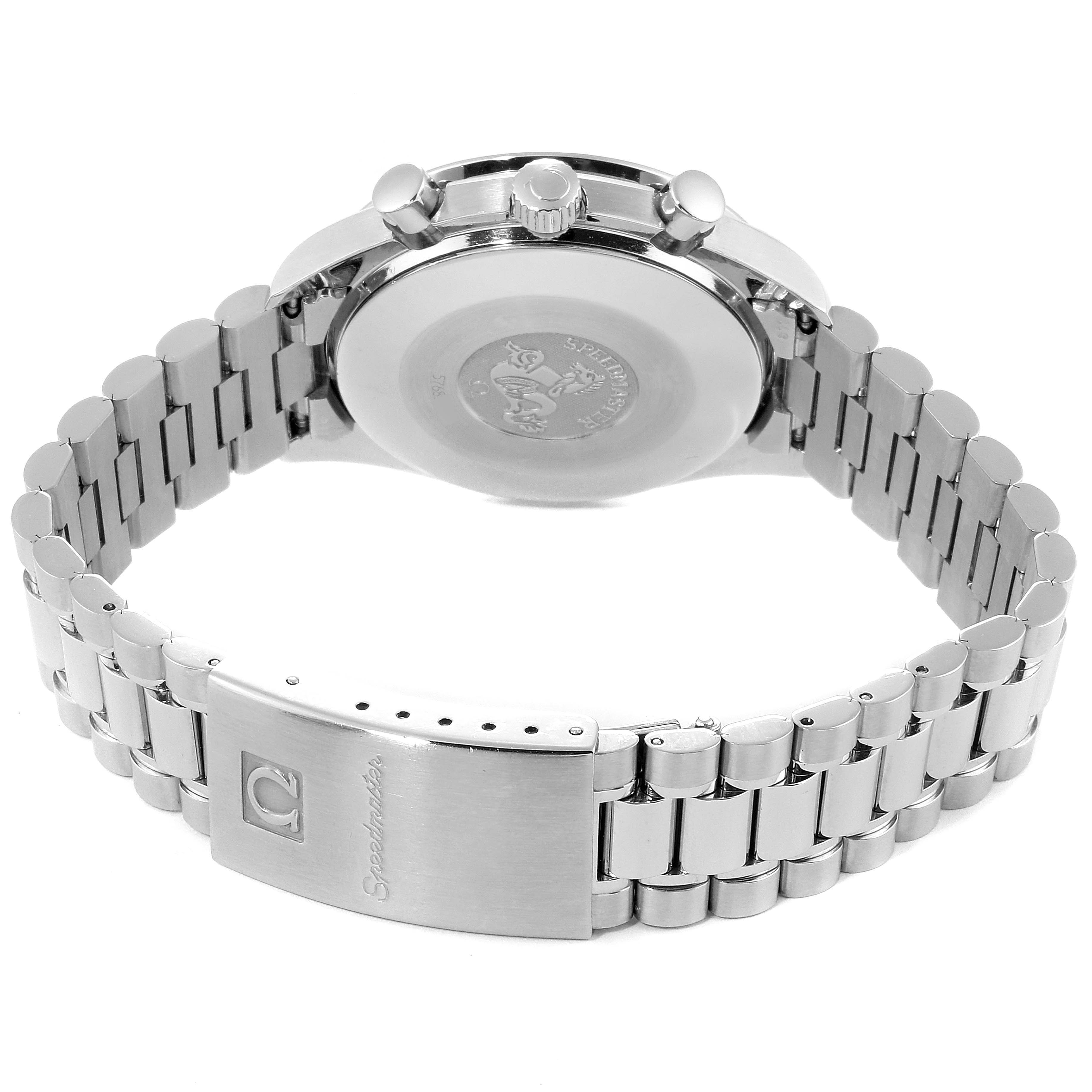 The image shows the back of an Omega Speedmaster 3510.20.00 Men
s Stainless Steel White Dial 3510.20.00 Men
s Stainless Steel White Dial watch, focusing on its clasp, bracelet, caseback, and side buttons.