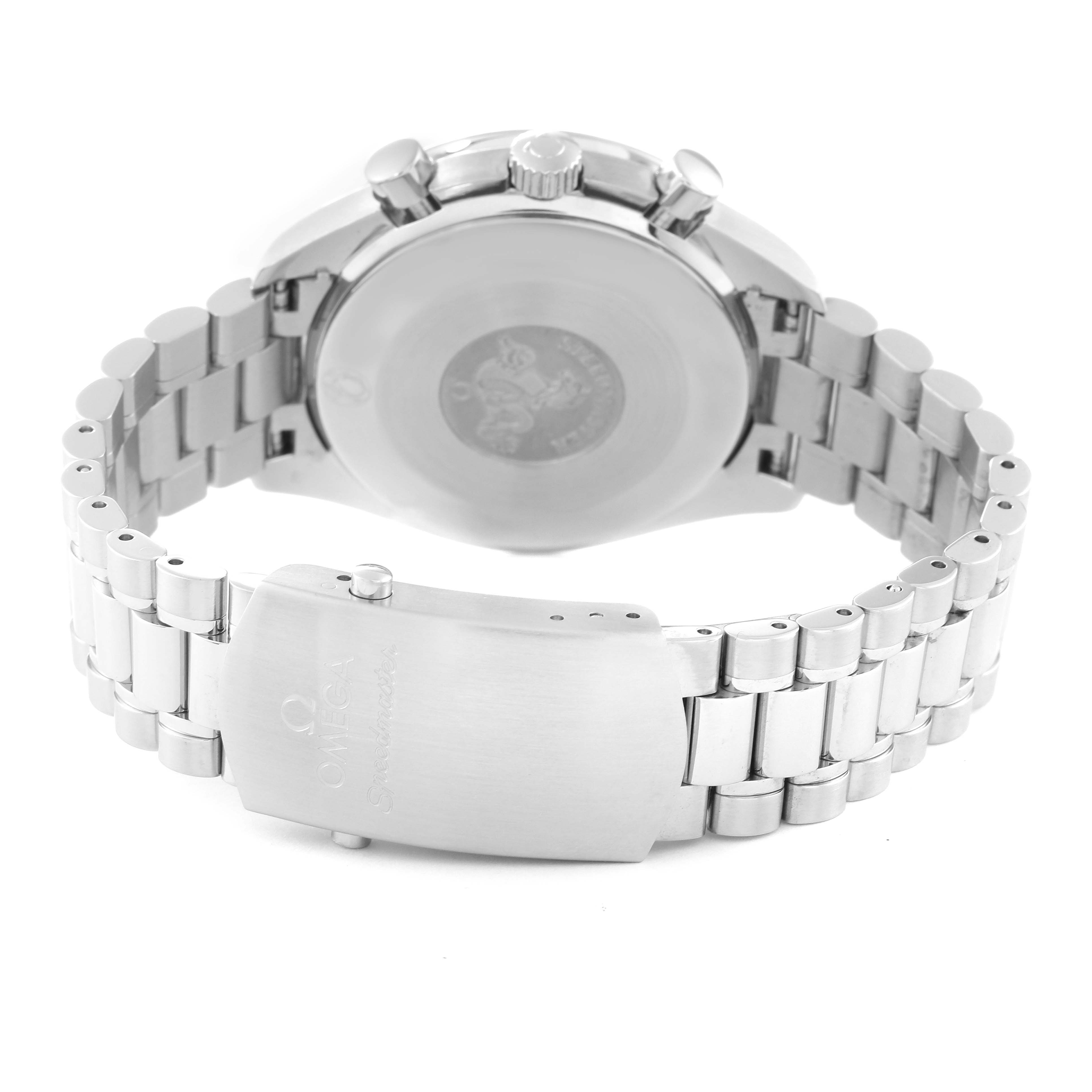 This is a rear view of the Omega Speedmaster 3539.50.00 Men
s Stainless Steel Black Dial 3539.50.00 Men
s Stainless Steel Black Dial, showing the case back, crown, pushers, and stainless steel bracelet with clasp.